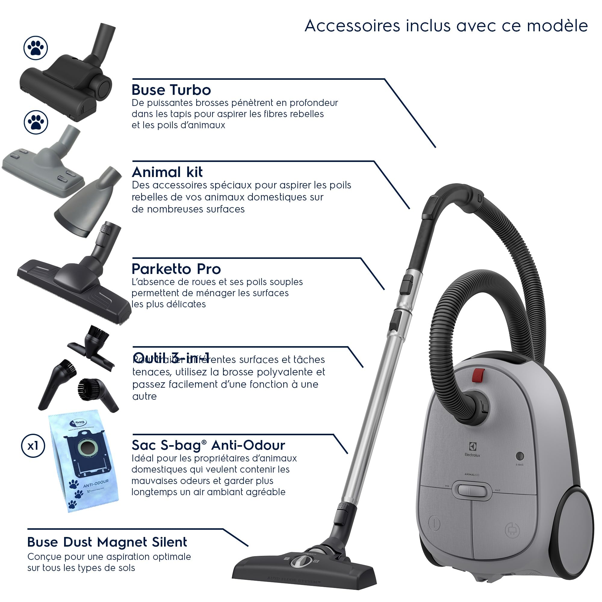 Electrolux 600 Aspirateur traineau avec Sac, Kit pour Poils d'animaux, 1x Filtre Hygiène HEPA 12 Lavable, Cordon 12m XXL, EB61A5UG, Gris