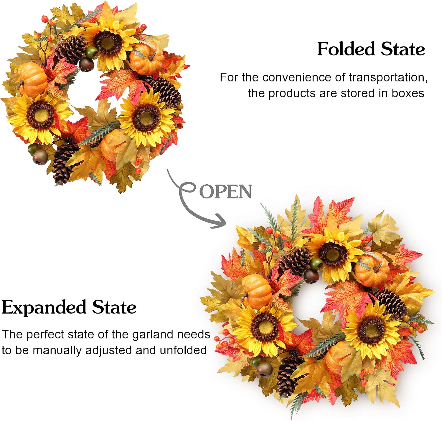 MUMTOP 22" Fall Wreath for Front Door, Sunflower and Pumpkin Wreath Decor