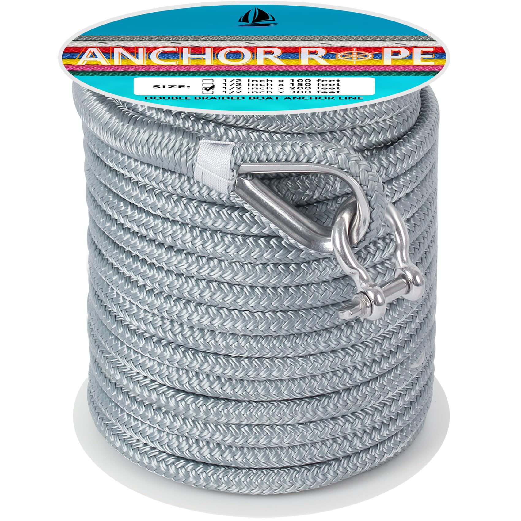 Anchor Rope 200 FT 1/2 in, Double Braided Anchor Line with 316 Stainless Steel Thimble & Shackle, Boat Anchor Rope Ideal for Towing, Mooring, Deck, Anchoring, Boats Up to 35' - Gray