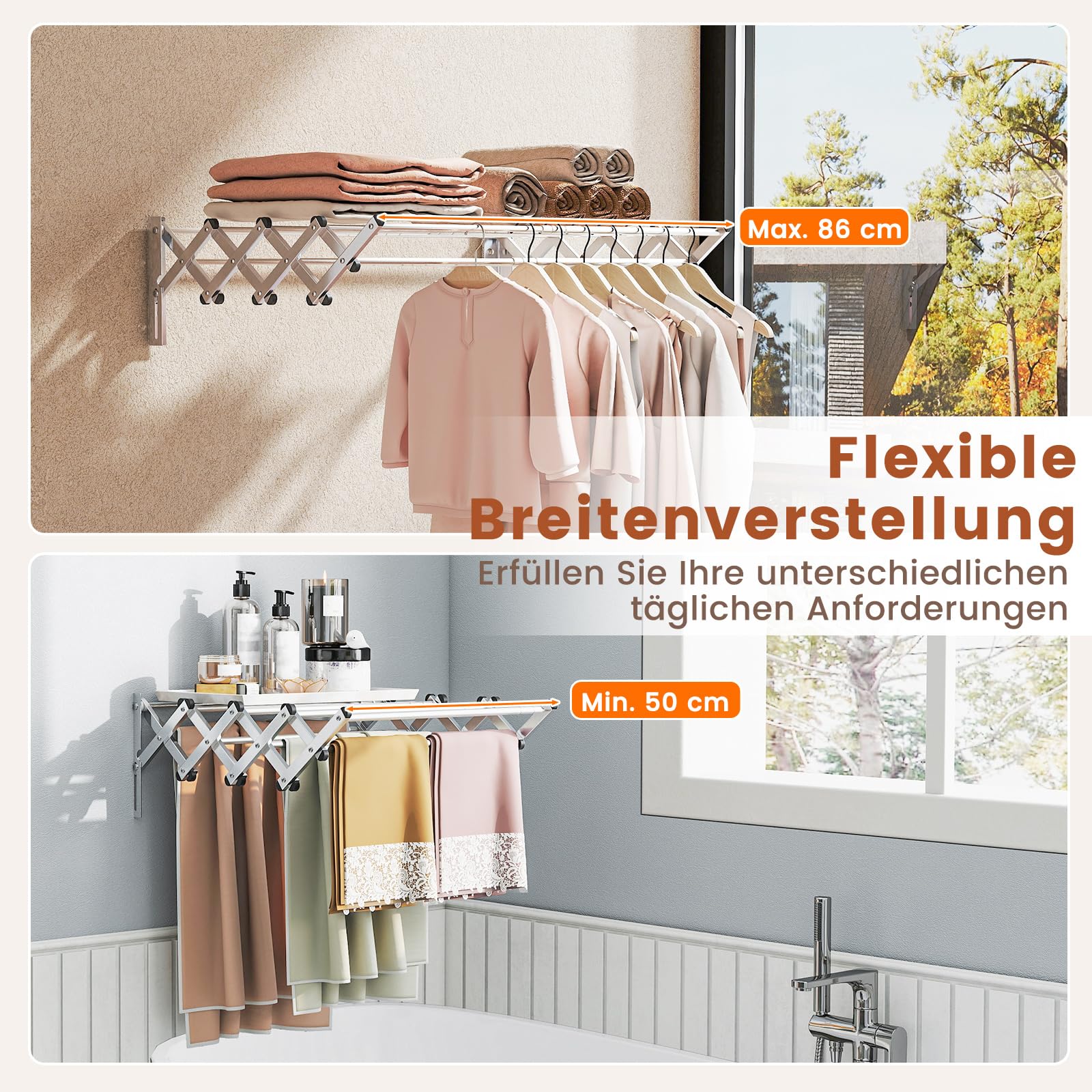 COSTWAY Wäscheständer zur Wandmontage, Wandtrockner ausziehbar aus Edelstahl mit 8 Stangen, Wandwäschetrockner 25 kg Tragkraft für Waschküche, Badezimmer