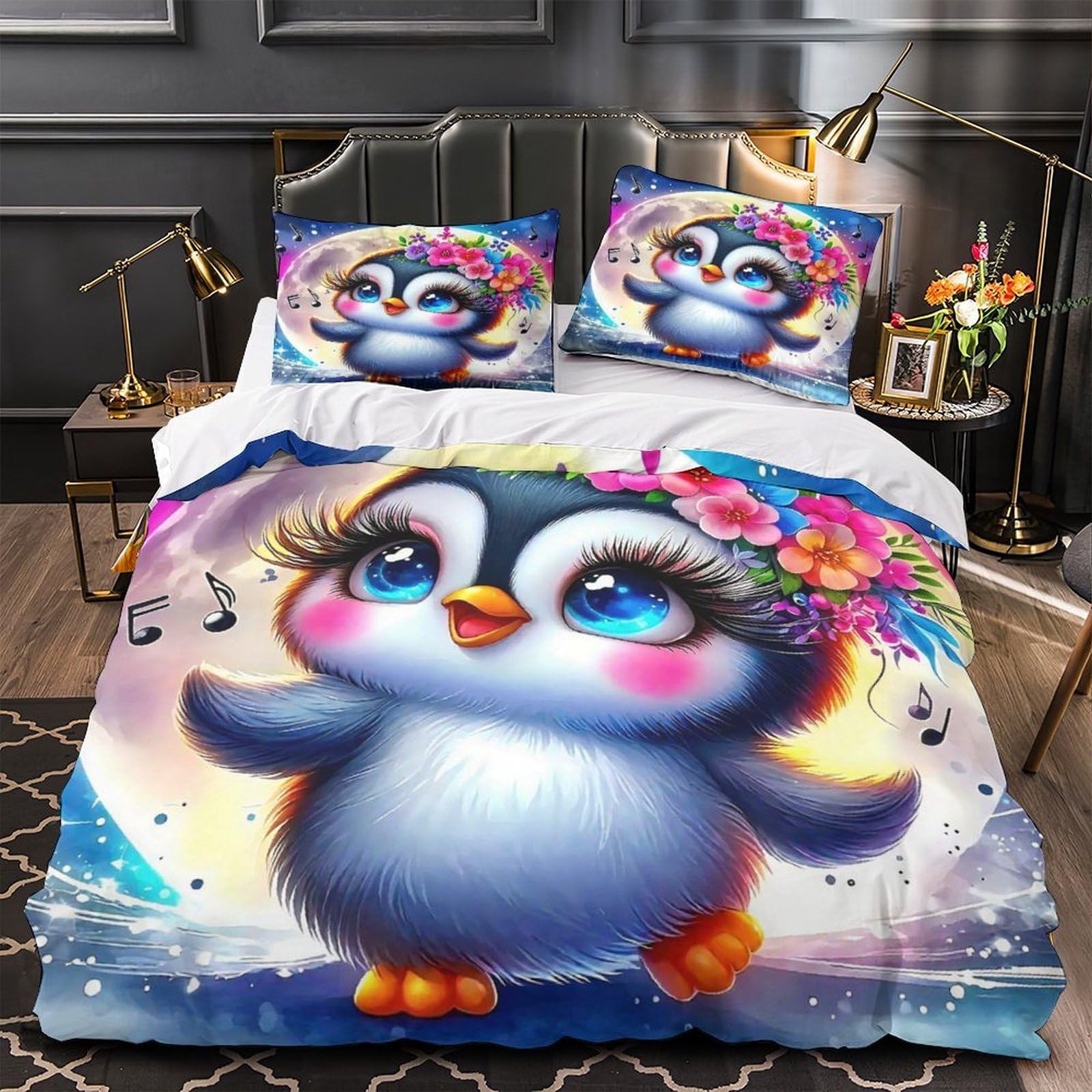 Housse de couette pingouin 3D en microfibre confortable pour lit double 200x200 cm