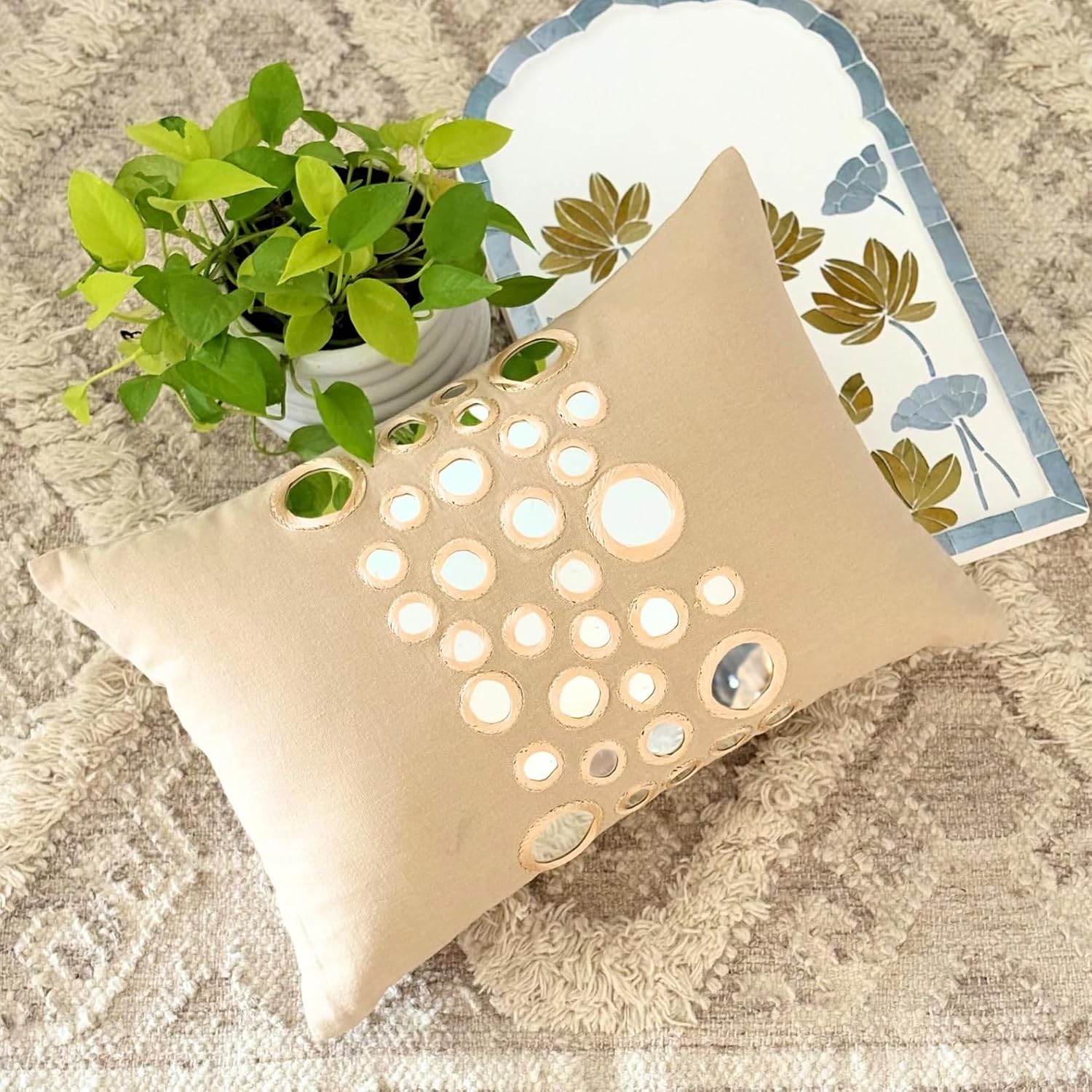 HomeCentric Beige Lumbar Pillow Cover - 12x14 inch (30x35 cm) Rectangle Cotton Canvas Lumbar Pillow Cover - Geometric Modern - Mirror Light