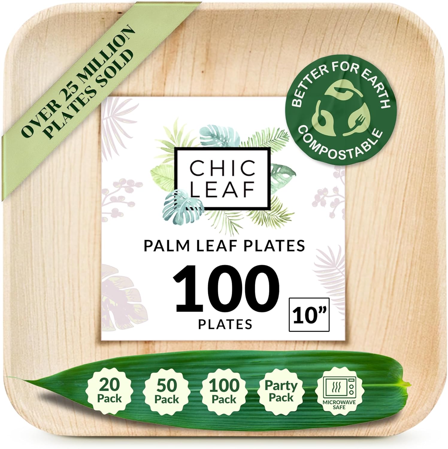 Chic Leaf Palm Leaf Disposable Bamboo Plates - Square Party Plates for Weddings, Parties, Event Appetizers - Biodegradable & Compostable - Party Supplies (10", 100 Pack)