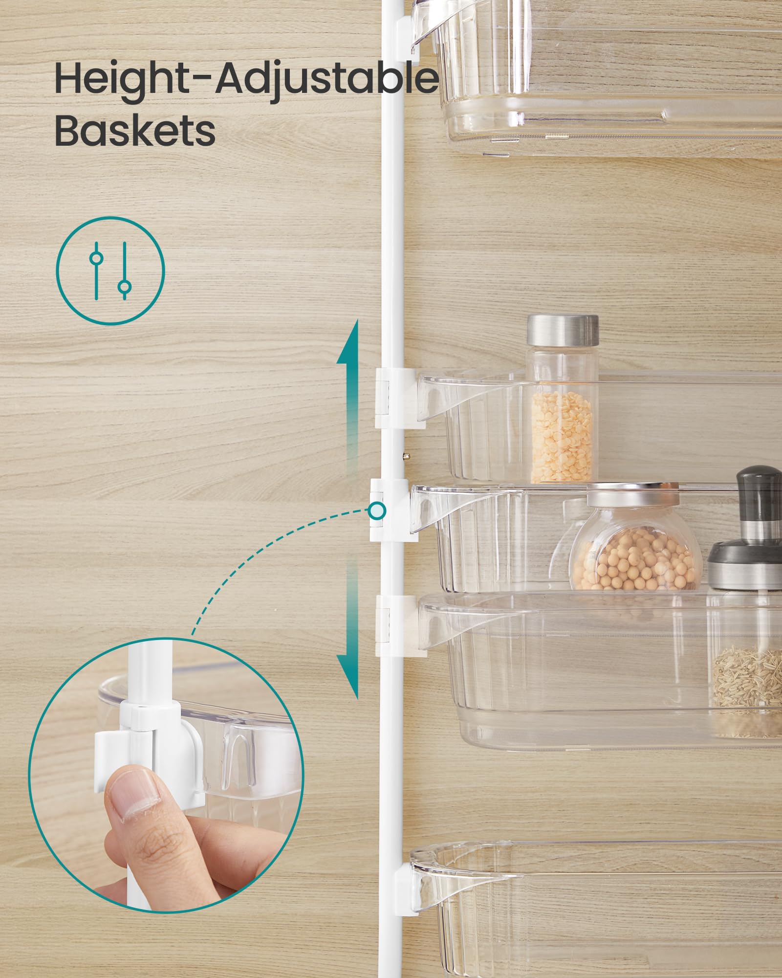 SONGMICS UKCS046WG01 - Organizador de despensa de cocina de 6 niveles con cestas altas ajustables, estante colgante para especias, para dormitorio, baño, lavandería, transparente