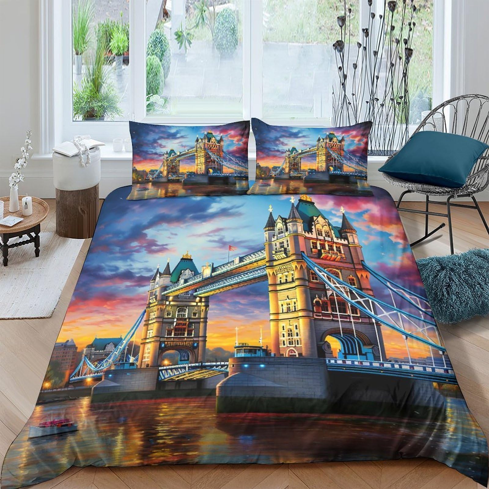 Ctjqhvkz Style-6 3D Printed London Tower Bridge Fitted Sheet Microfiber Sunset Bed Cover Anti-Slip Washable Bedroom Decor For Home Guest Room Single（135X200cm）