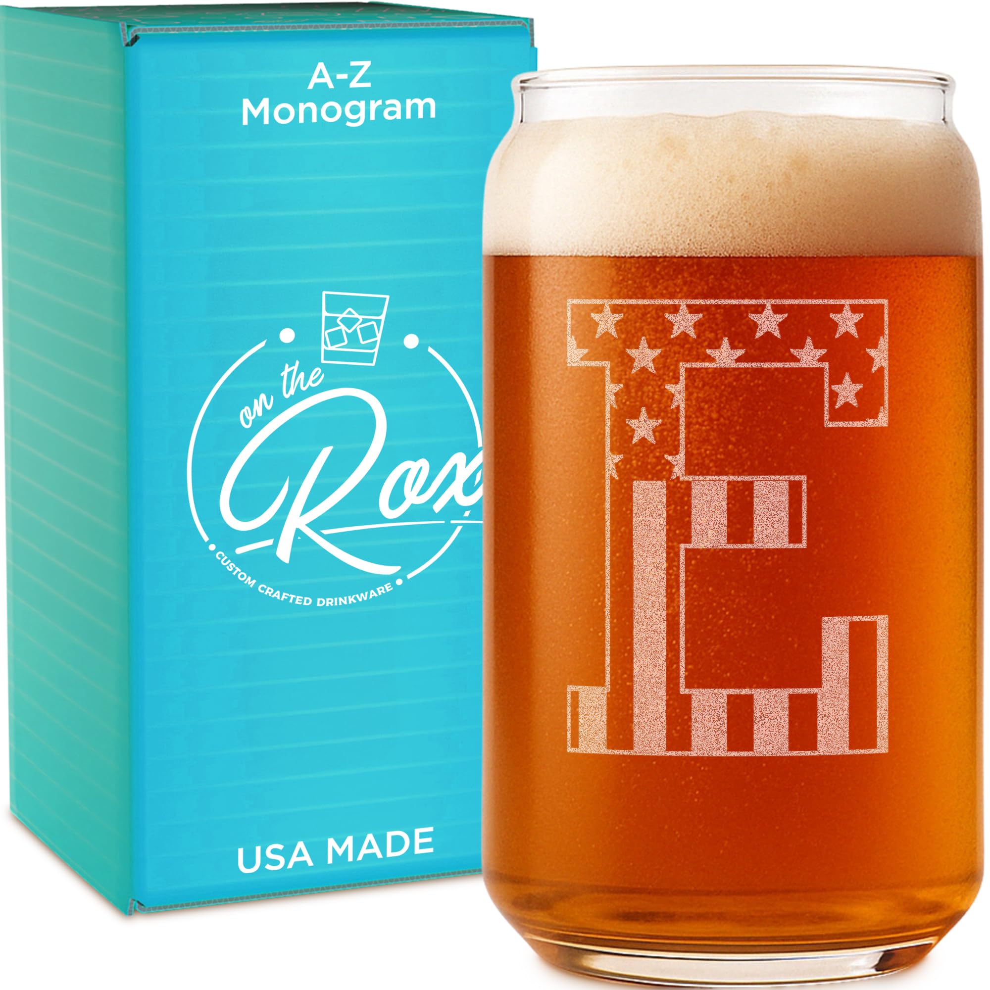 On The Rox Monogram Beer Glasses for Men (A-Z) 16 oz - Personalized Engraved Beer Gifts for Him - Groomsmen Gifts Brother in Law Dad Son Coworker - Unique USA Made Dishwasher Safe Pint Glass (E)