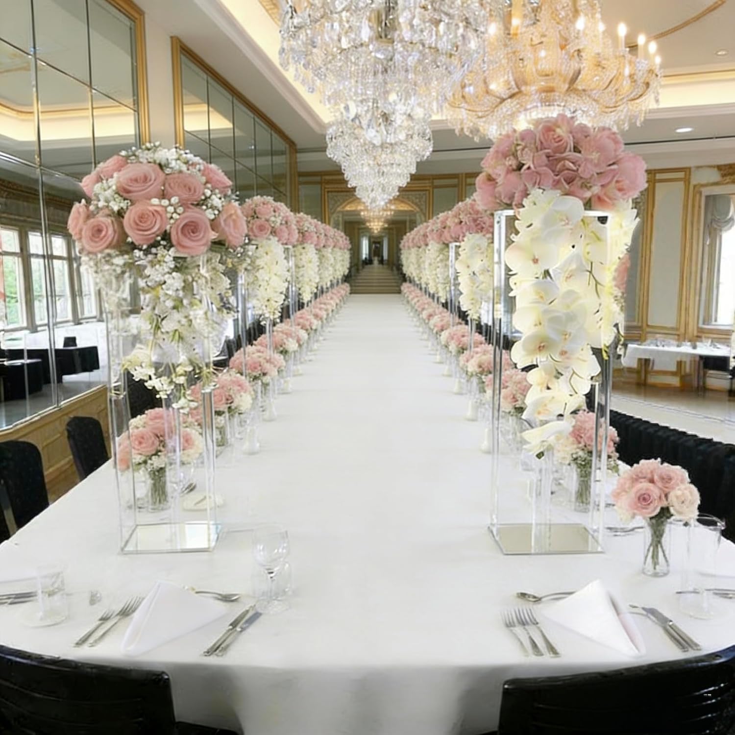 2 Pcs-31.5inch-Tall Vase Flowers Stand Wedding Table Centerpiece Decoration Bouquet Decor Pillar Floral Backdrop Stand for Party Marriage Elegant Chandelier Centerpiece Stands