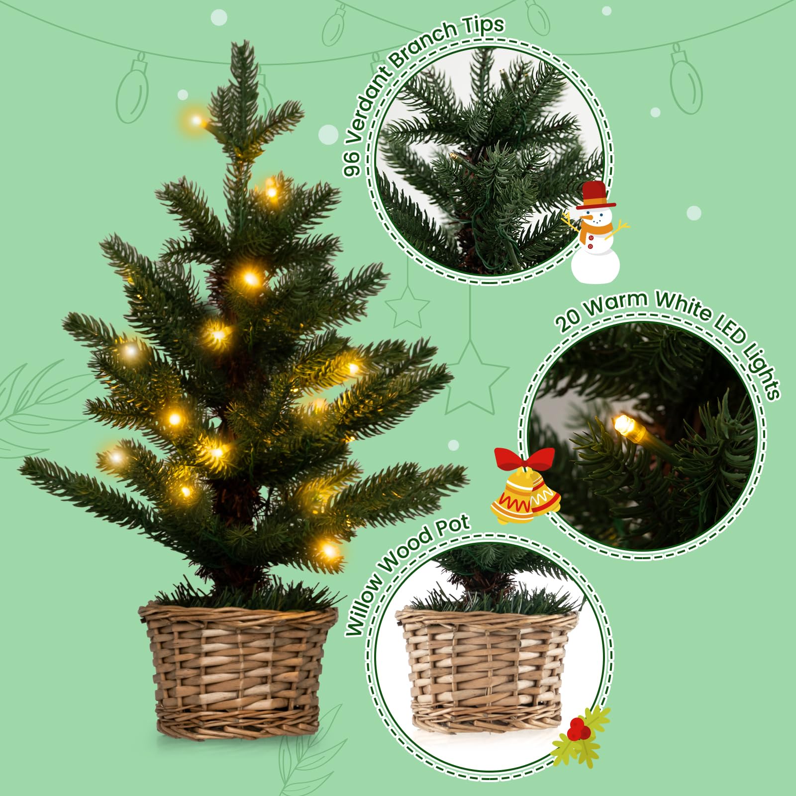 Árbol de Navidad preiluminado 60 cm/90 cm, árbol Artificial Mesa 2 pies/3 pies con Base, Luces LED, pequeña decoración navideña Interior y Regalo(2ft)