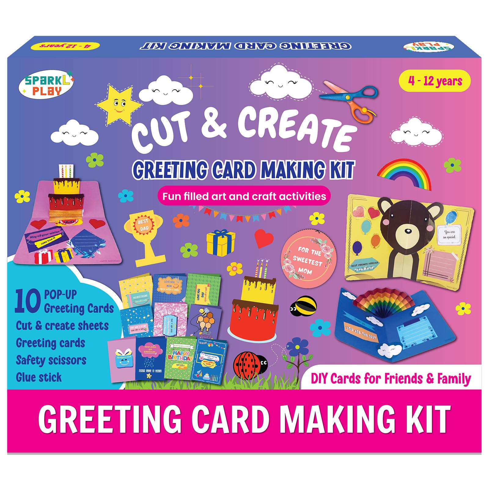 SparkLPlay Greeting Card Making Kit for Kids Ages 4 to 12 | Set of 10 DIY Pop-Up Cards | Art & Craft Kit | Scissor Skills Activity Book | Gift for Girls & Boys | Cards for Friends & Family