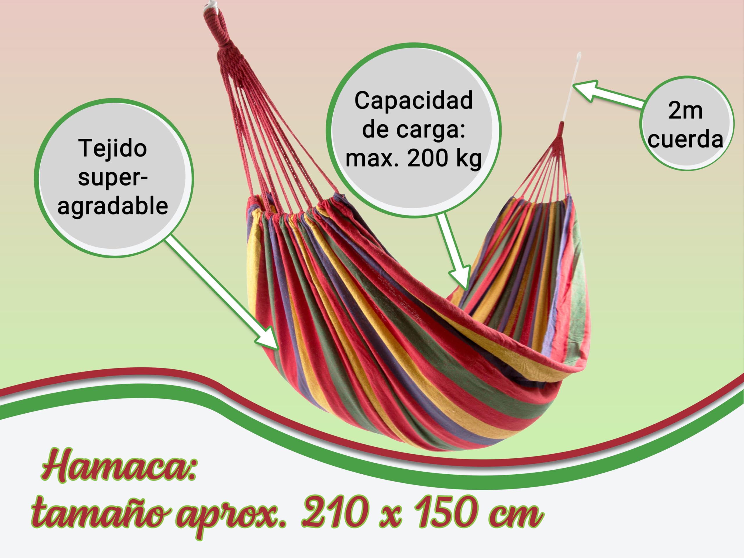 ZOLLNER Hamaca 210 x 150 cm - para una Persona - de Tejido Mixto - con práctica Bolsa de Transporte - Bonito diseño a Rayas - Alta Resistencia - en Color Rojo