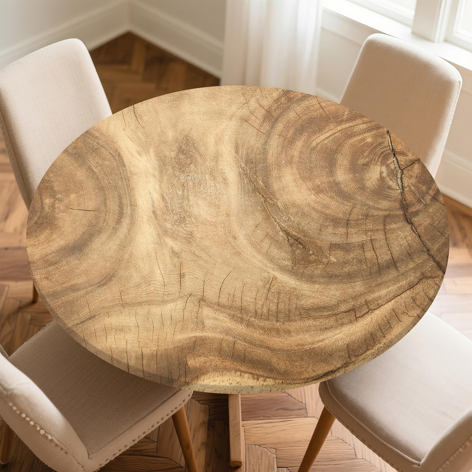 Odot Round Tablecloth Wipe Clean 60-160cm, Wood Grain Effect Round Outdoor Table Cover Fitted Elastic Edged Washable Circle Table Cloth Protector Decorative for Kitchen Dining Room (Yellow,100cm)