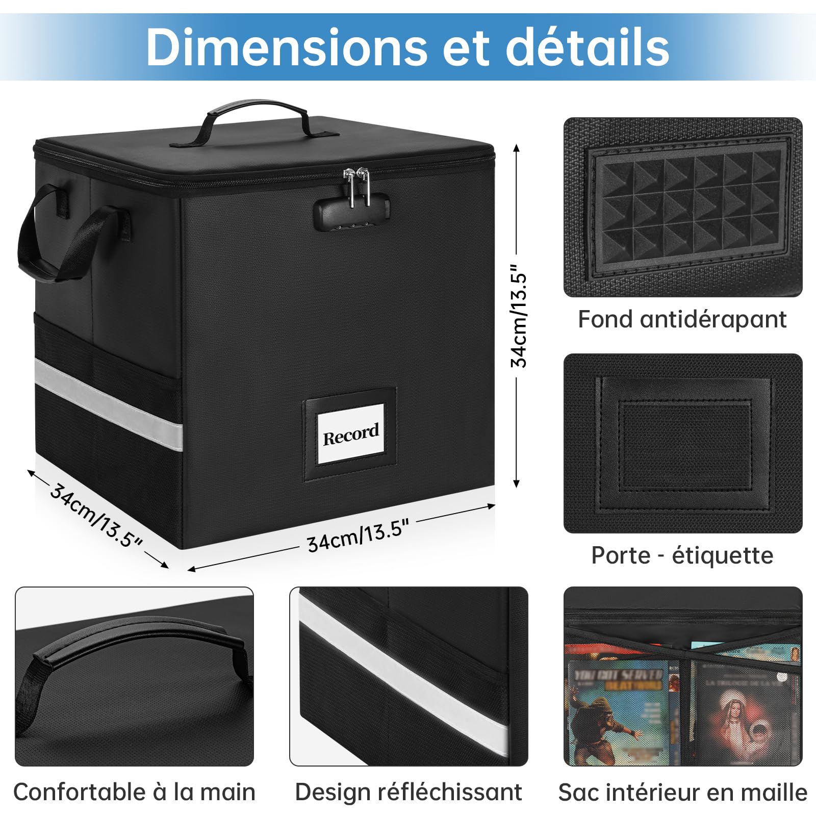 OUUTMEE Scatola di immagazzinaggio dischi in vinile ignifugo con serratura, impermeabile per dischi in vinile da 12", scatola di immagazzinaggio pieghevole per album LP, Nero , 34 x 34 x 34CM, Borsa