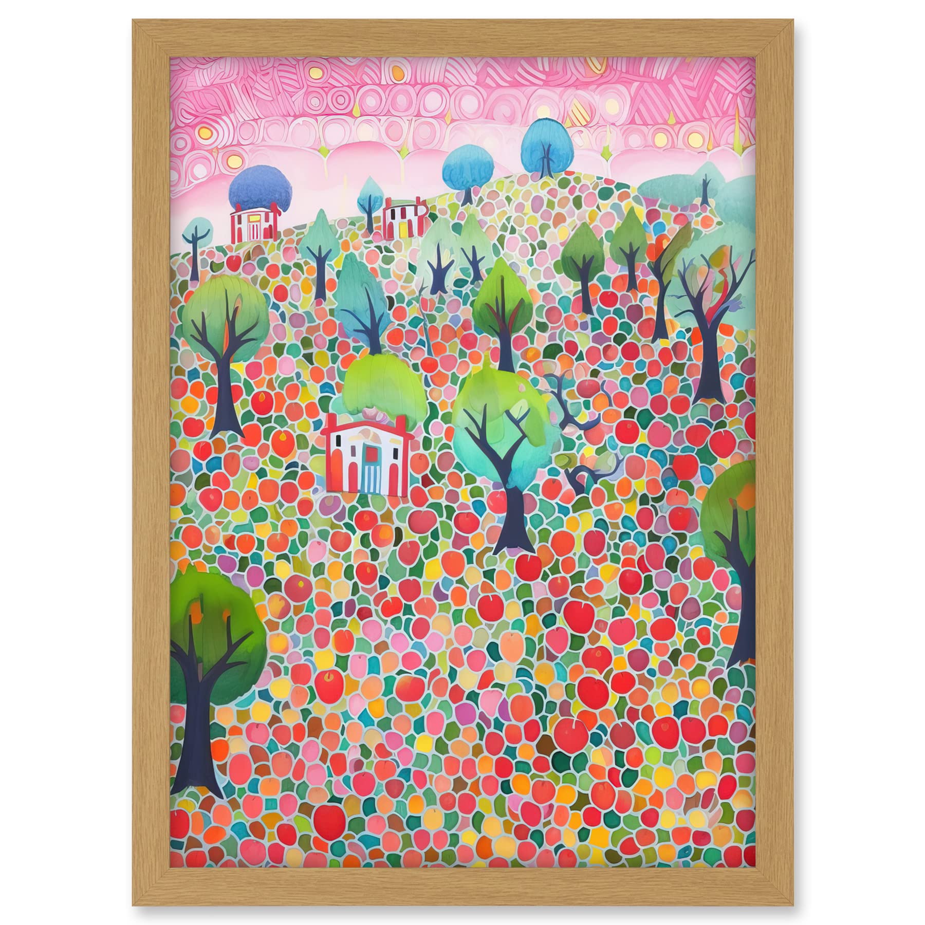 Artery8 Apple Tree Orchard Fields At Sunset Folk Art Watercolour Painting Artwork Framed A3 Wall Art Print