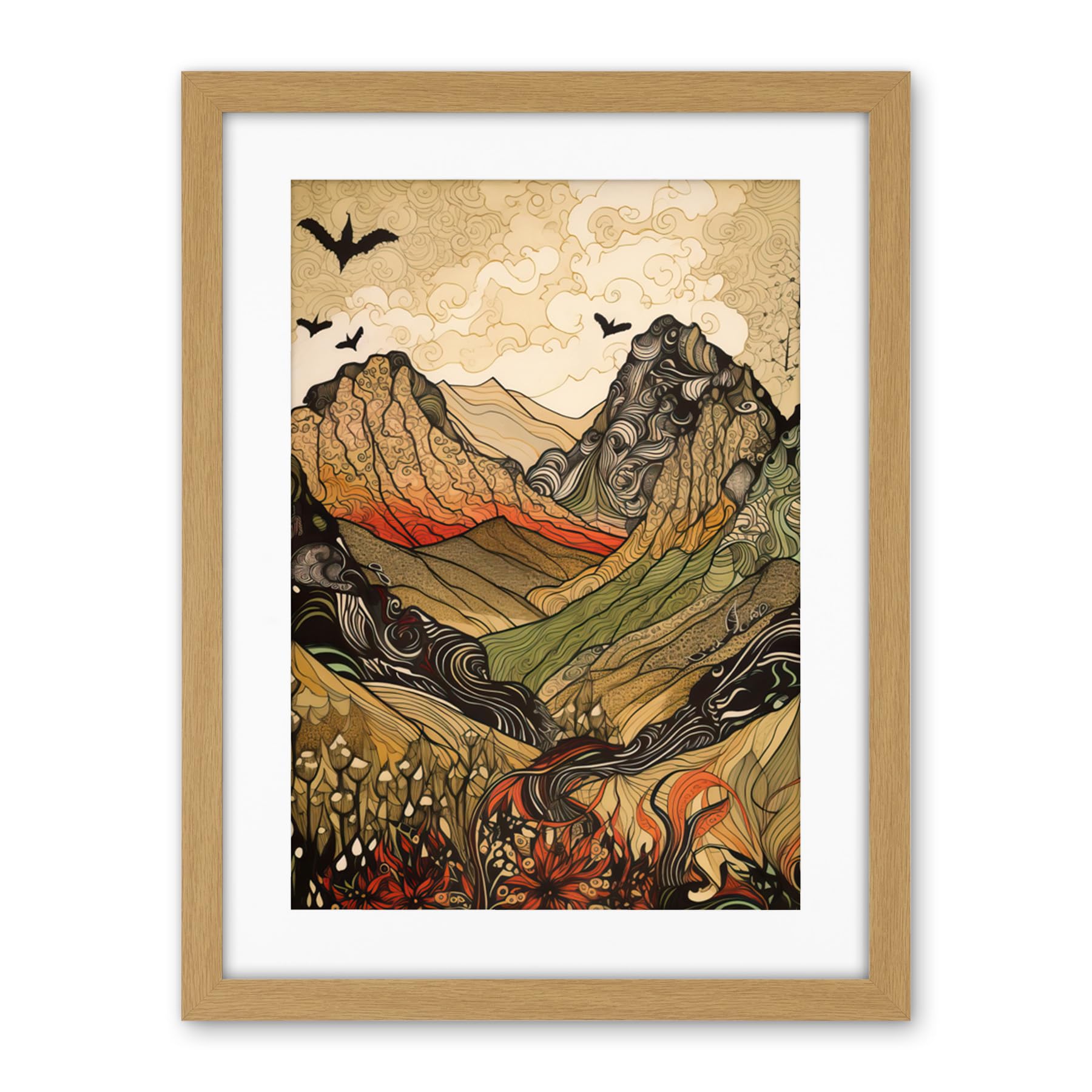 Artery8 Mountain Landscape Multicoloured Pattern Linocut Artwork Framed Wall Art Print 18X24 Inch