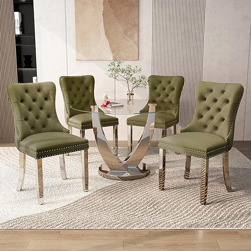 Miniatura 29 de Juego de mesa de comedor redonda de vidrio de 38.9 pulgadas para 4, mesa de comedor redonda con 4 sillas de cocina tapizadas de terciopelo, juego