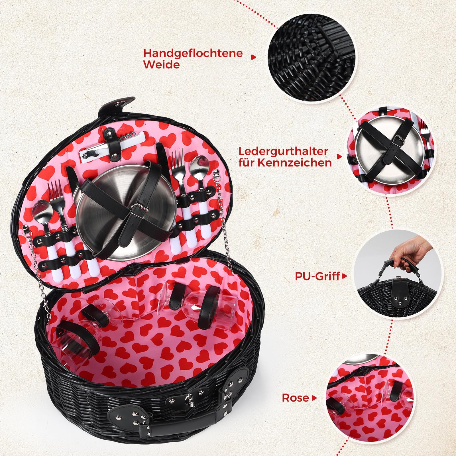 Set di cestino da picnic per 2 persone con apribottiglie, set di posate, per campeggio, spiaggia, escursionismo, barbecue e regali per famiglia/coppie, accessori