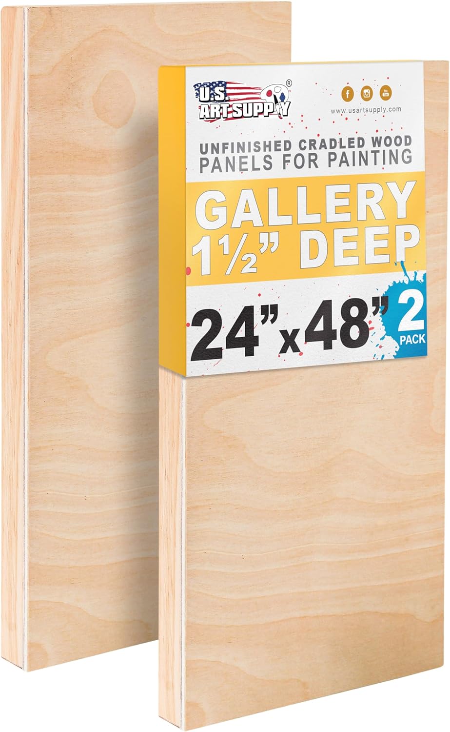US Art Supply 24x48 Gallery Depth Cradled Wood Panels (2 Pack) - Unprimed Birch Artist Canvases for Acrylic, Oil, Mixed Media & Paint Pouring
