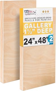 US Art Supply 24x48 Gallery Depth Cradled Wood Panels (2 Pack) - Unprimed Birch Artist Canvases for Acrylic, Oil, Mixed Media & Paint Pouring