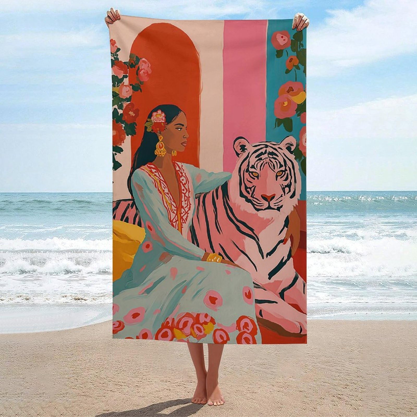 LSRCPD Whimsical Folk-art Woman And Tiger Beach Towel Sand Free Microfiber Large Shower Towels Multipurpose Absorbent for Bathroom Pool 130x80 CM