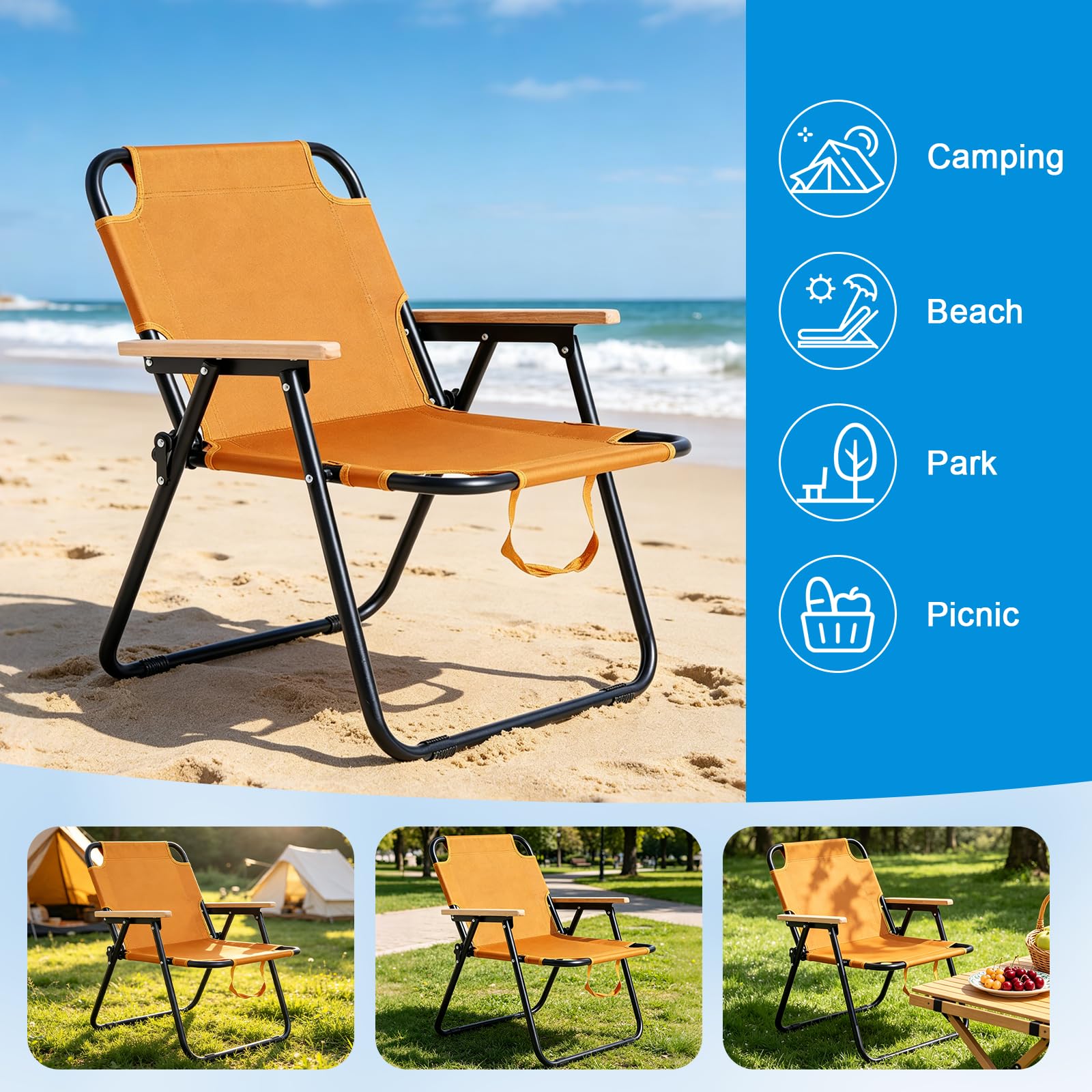 Sedia da Campeggio Pieghevole Ultraleggera con Braccioli in Legno, Sedia da Spiaggia Pesca Portatile, Tracolla Integrata, Capacità di Carico di 150 kg, Tessuto Oxford Traspirante (Arancione)