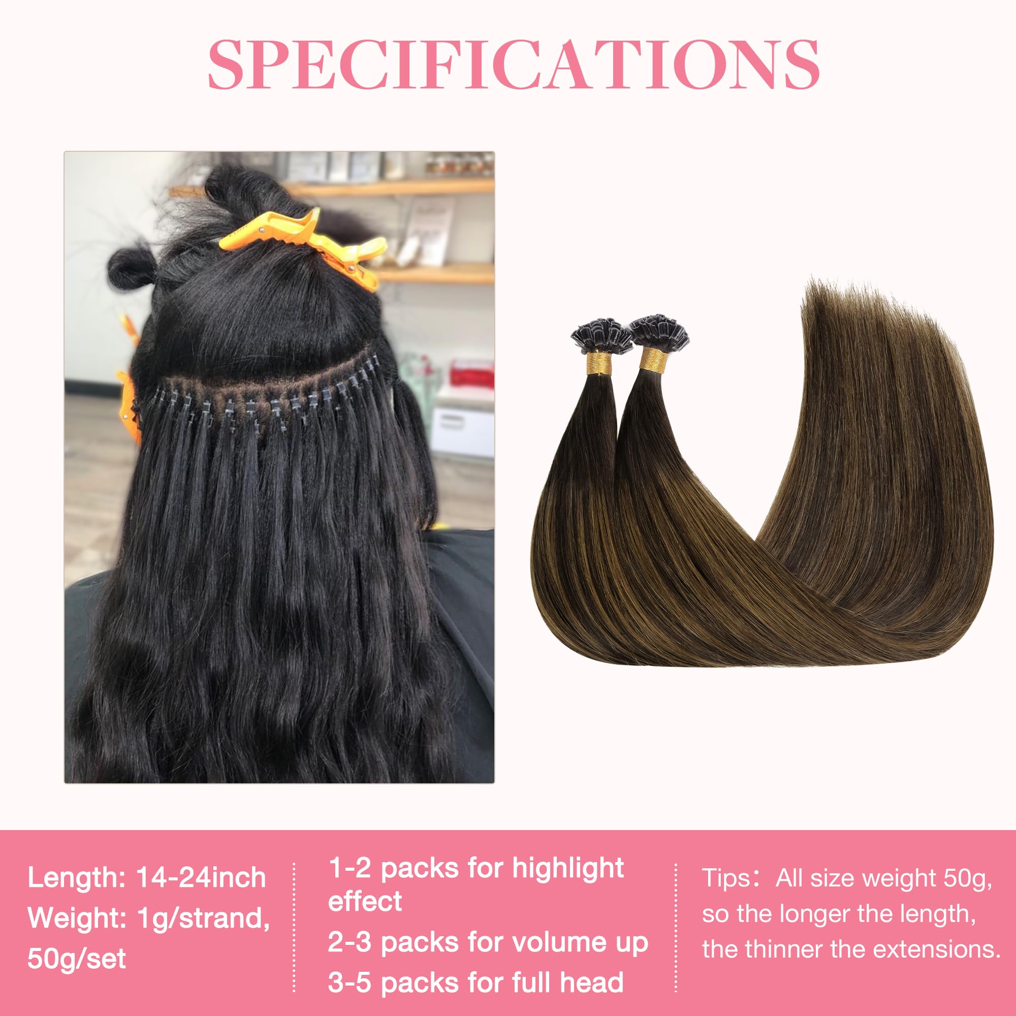 GOO GOO U Tip Hair Extensions Real Human Hair,Balayage Dark Brown to Chestnut Brown 50g 20inch 50 Strands Hot Fusion Keratin Hair Extensions - Image 3