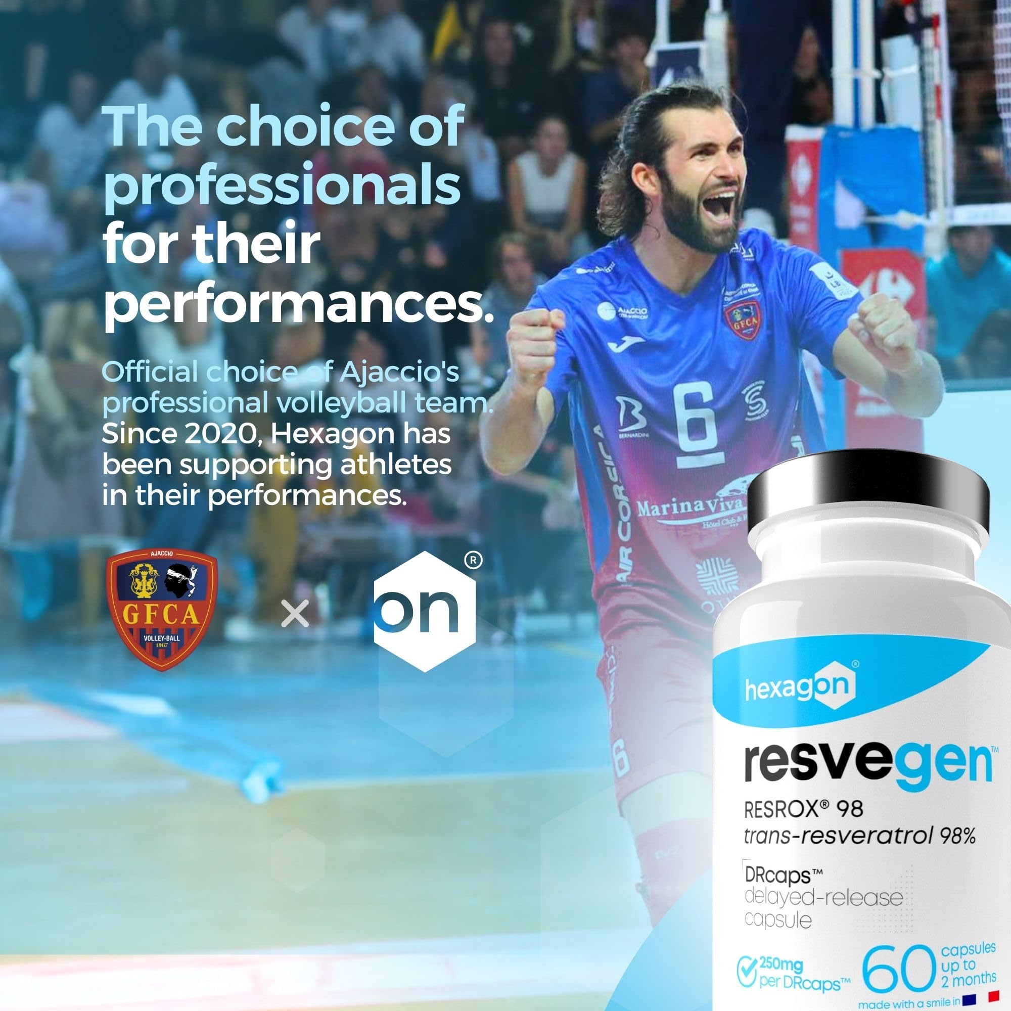 Resveratrolo - Trans-Resveratrolo 98% RESROX® - 60 Capsule DRcaps™ a rilascio ritardato, 250 mg - Alta disponibilità - Potente antiossidante e Anti-Invecchiamento - Made in France - Vegan - Hexagon