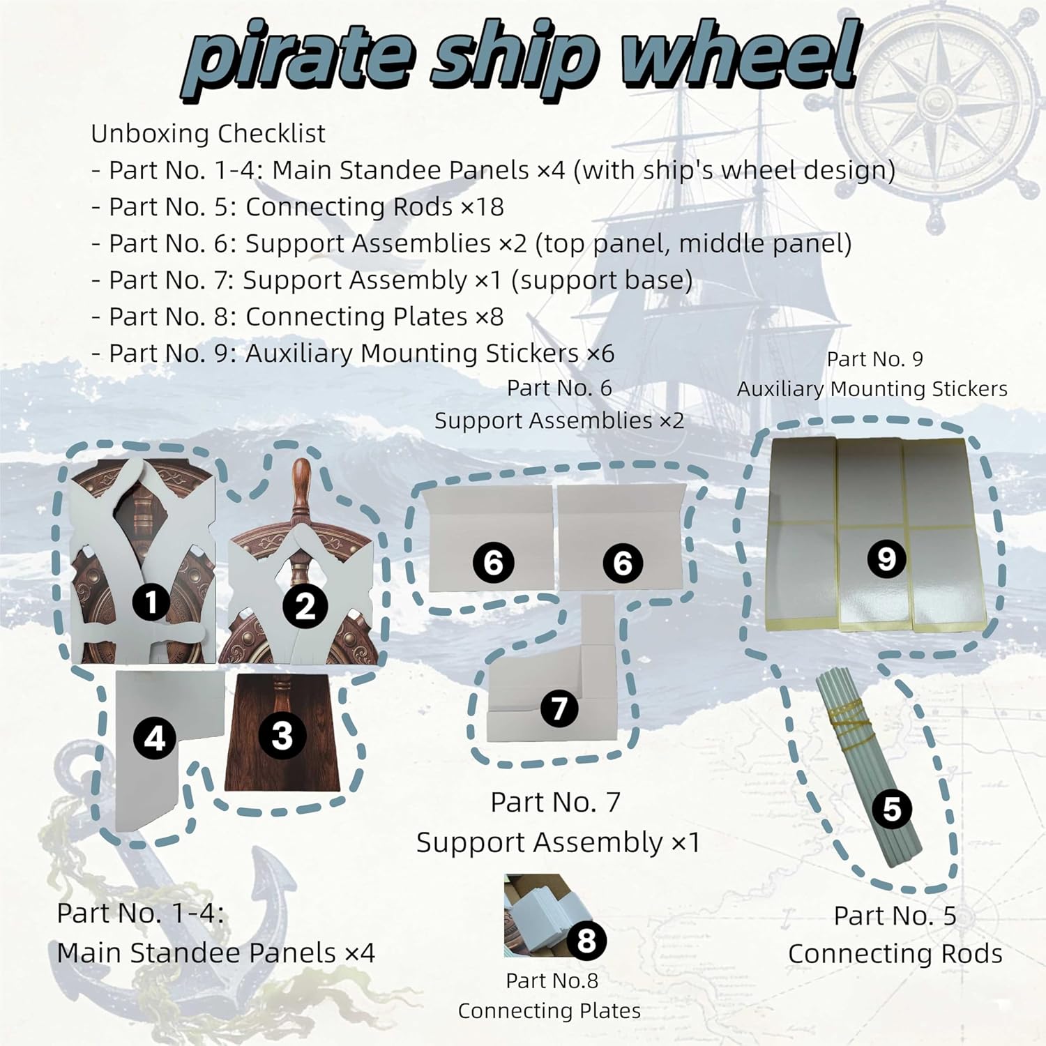 NYMICL Pirate Ship Steering Wheel Nautical Party Decorations Pirate Decor pirate photo props for Halloween Party Decor Birthday Party Supplies School Classroom Party Decor PP Material Assembly Guide