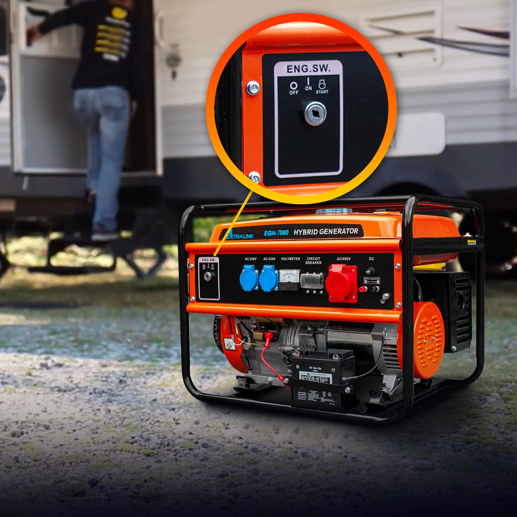 Extralink Generador Eléctrico 7500W Gasolina/Gas | Grupo Electrógeno Trifásico Dual Fuel 192F 4T, Onda Pura, 2×230V 1×400V, Arranque Eléctrico y Protección Sobrecarga | Portátil para Casa