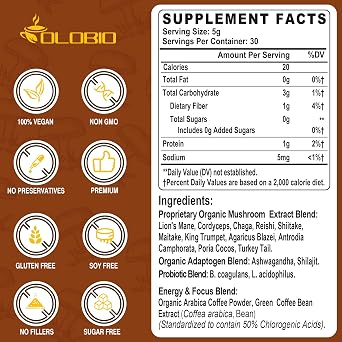 Mushroom Coffee, 11 Organic Mushrooms Plus Adaptogens & Probiotics, with Lion's Mane, Chaga, Reishi, Cordyceps Complex, Instant Coffee for Focus, Energy, Gut, Digestion, Immunity - 5.3oz