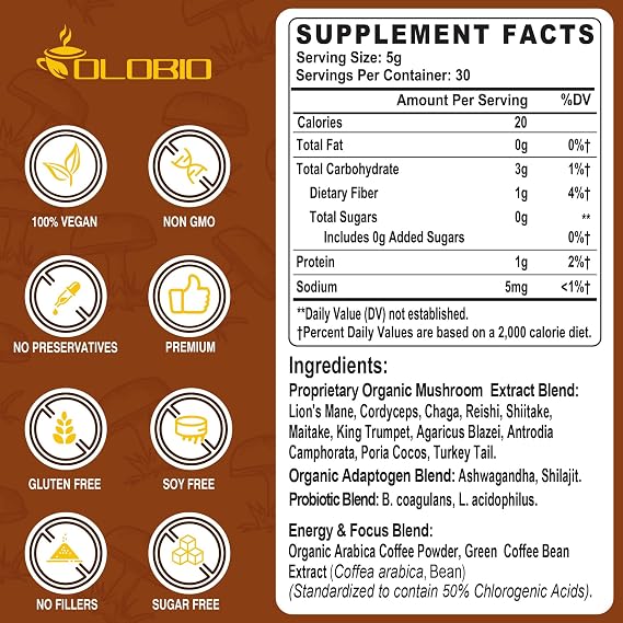 Mushroom Coffee, 11 Organic Mushrooms Plus Adaptogens & Probiotics, with Lion's Mane, Chaga, Reishi, Cordyceps Complex, Instant Coffee for Focus, Energy, Gut, Digestion, Immunity - 5.3oz