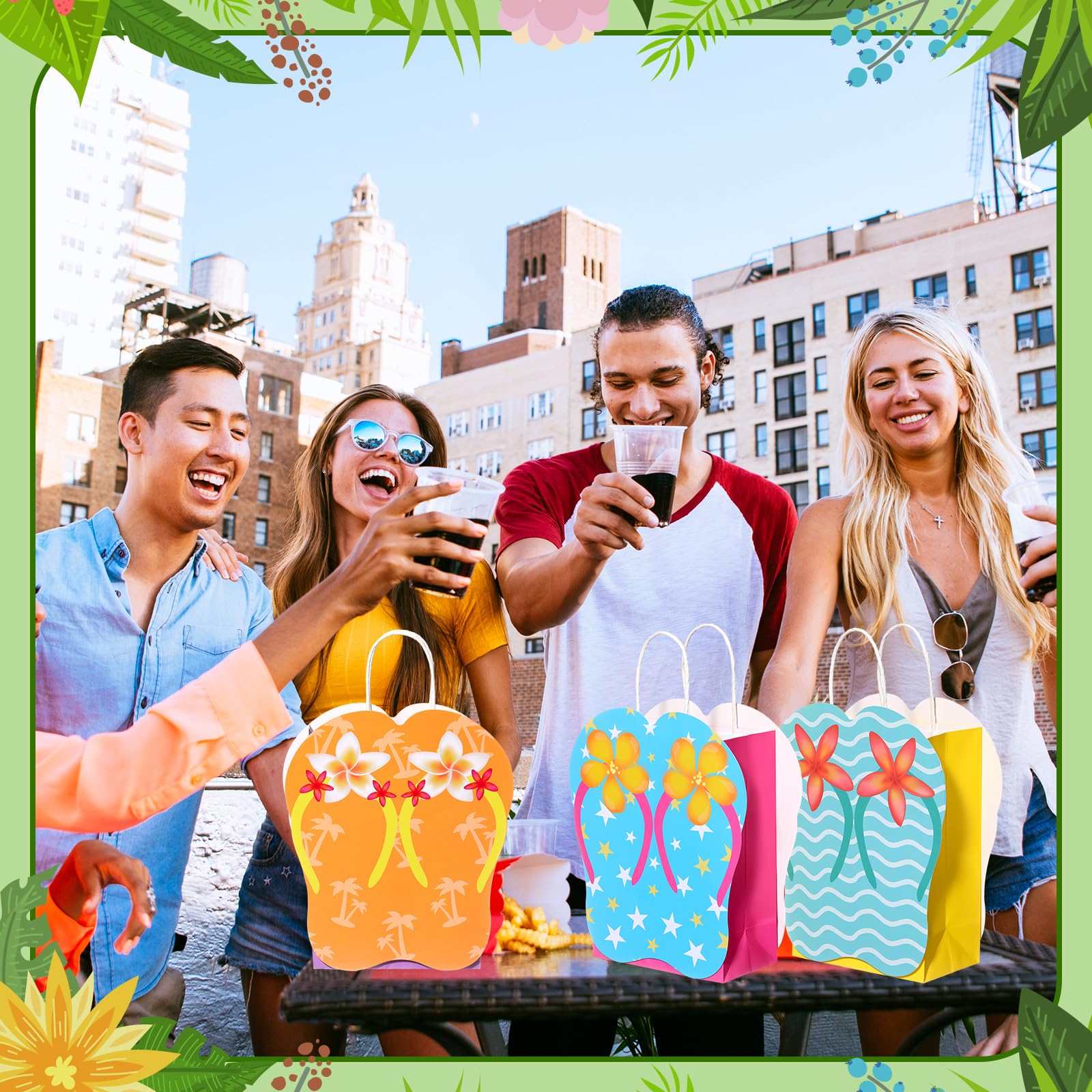 MotiMind 24 Pcs Summer Party Gift Bags Paper Beach Flip Flop Party Favor Bags with Handles Hawaii Pool Tropical Goodie Treat Gift Wrap Supplies