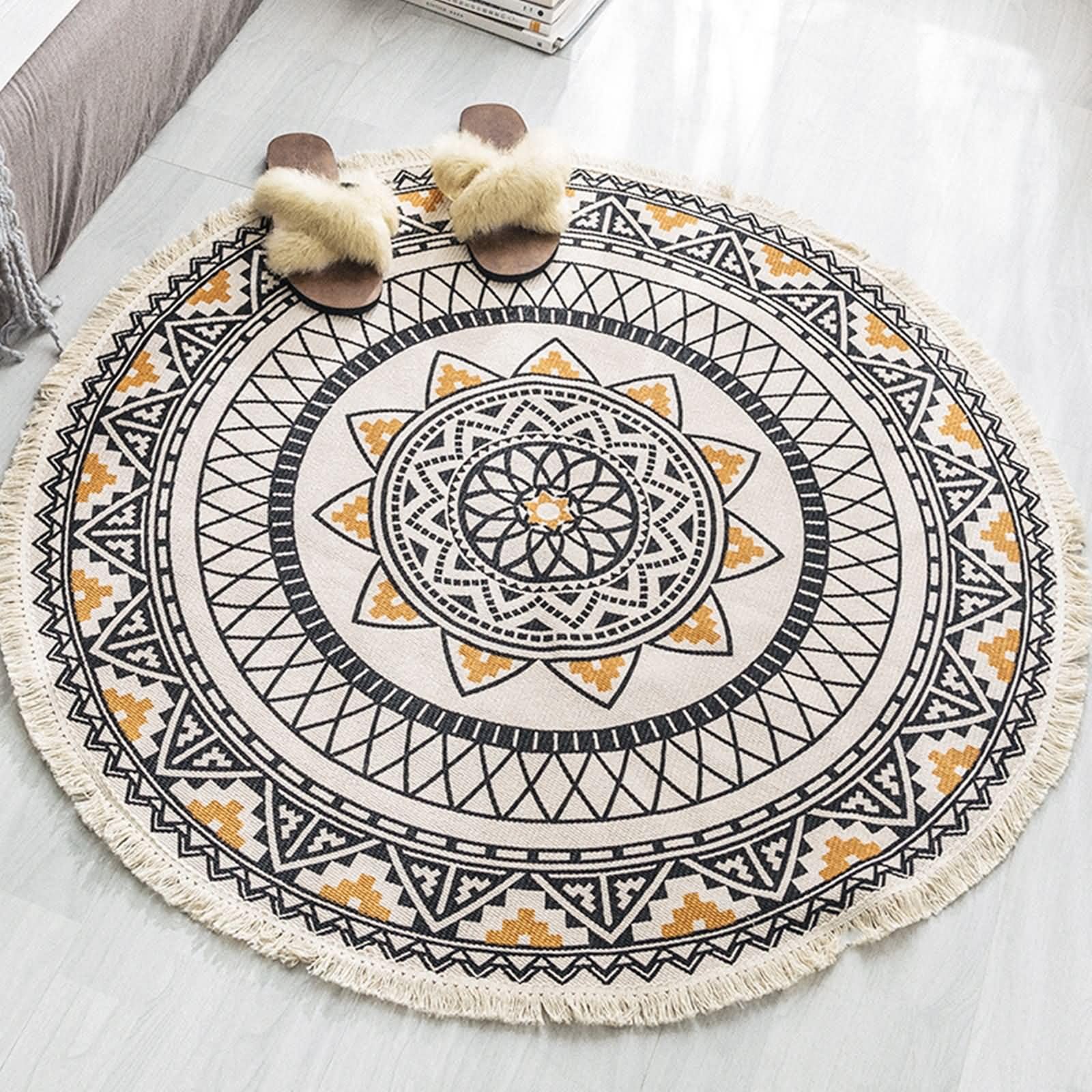 Teppich Wohnzimmer Rund, Baumwoll-Leinen Vintage Böhmische Blumen 150CM Teppich für Wohnzimmer, Küche Schlafzimmer, & Kinderzimmer, Grau Gelb, Stil 1