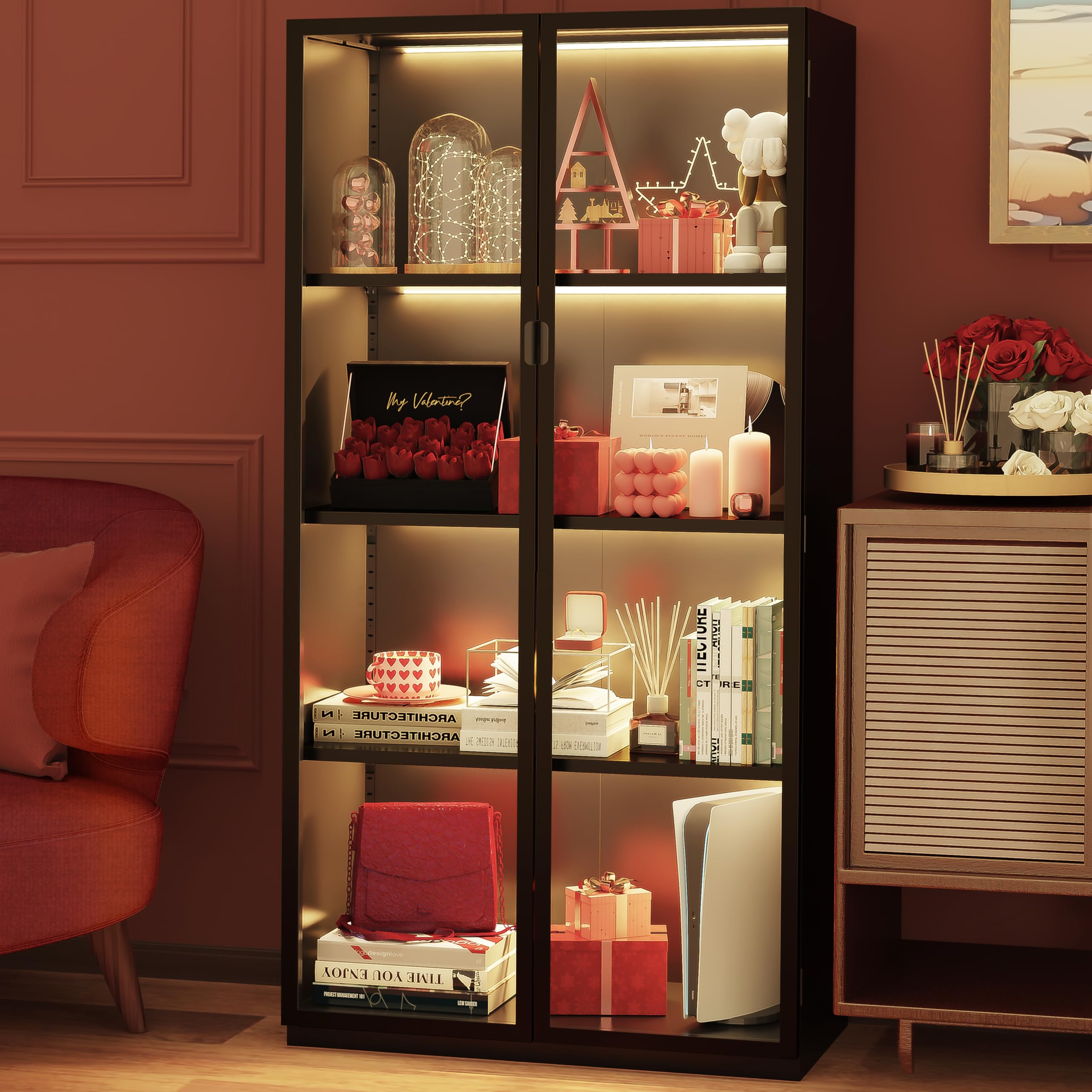 63" H Display Cabinet with Glass Doors,Tall Display Cabinet with LED Lights,Display Case for Collectibles,Glass Display Cabinets with 3 Adjustable Shelves for Living Room,Bedroom,Office