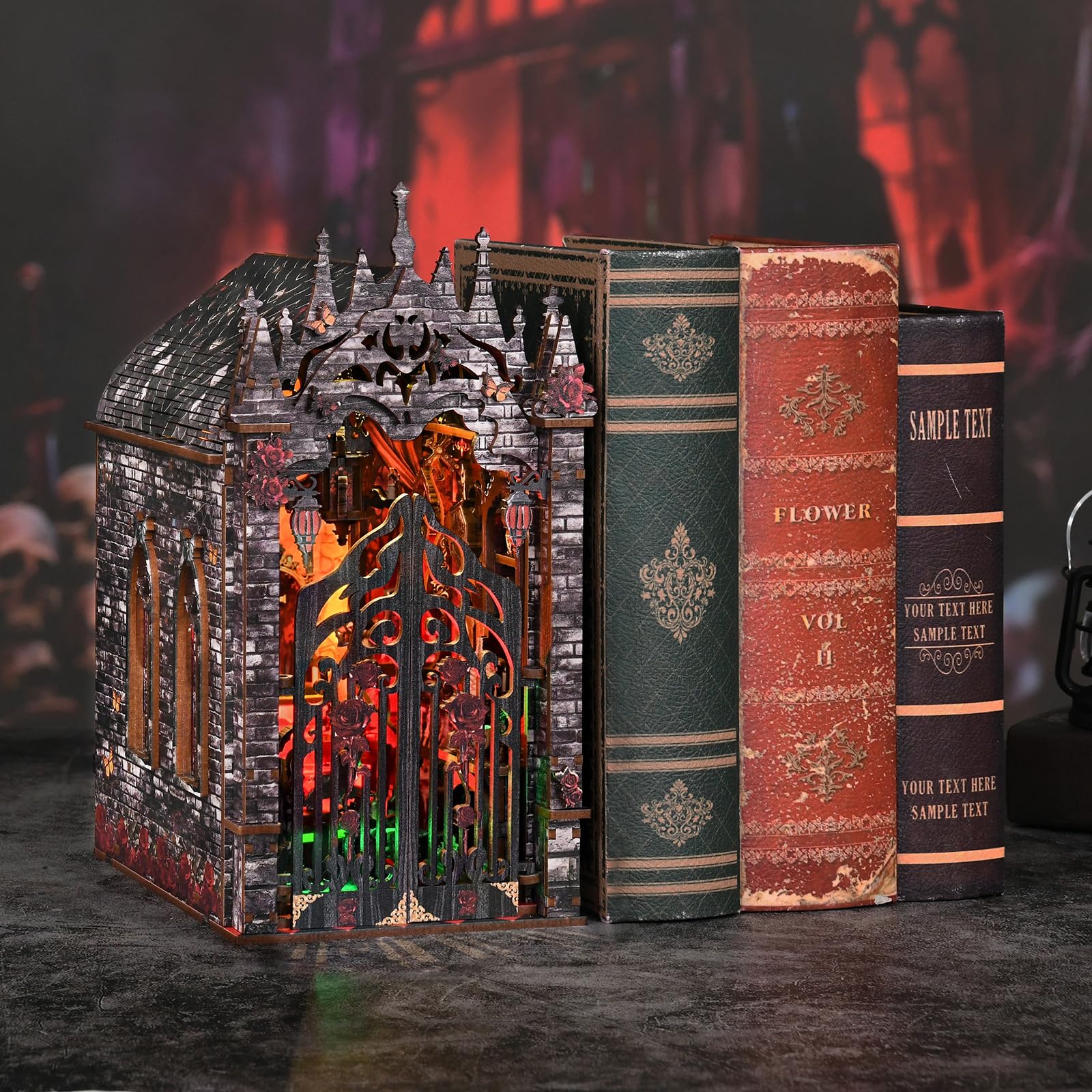 DIY Book Nook kit-Dunkler Aastle-Buchstütze Aus Holz und 3D-Puzzle mit LED-Licht, bastelset Erwachsene，Book Nook kit