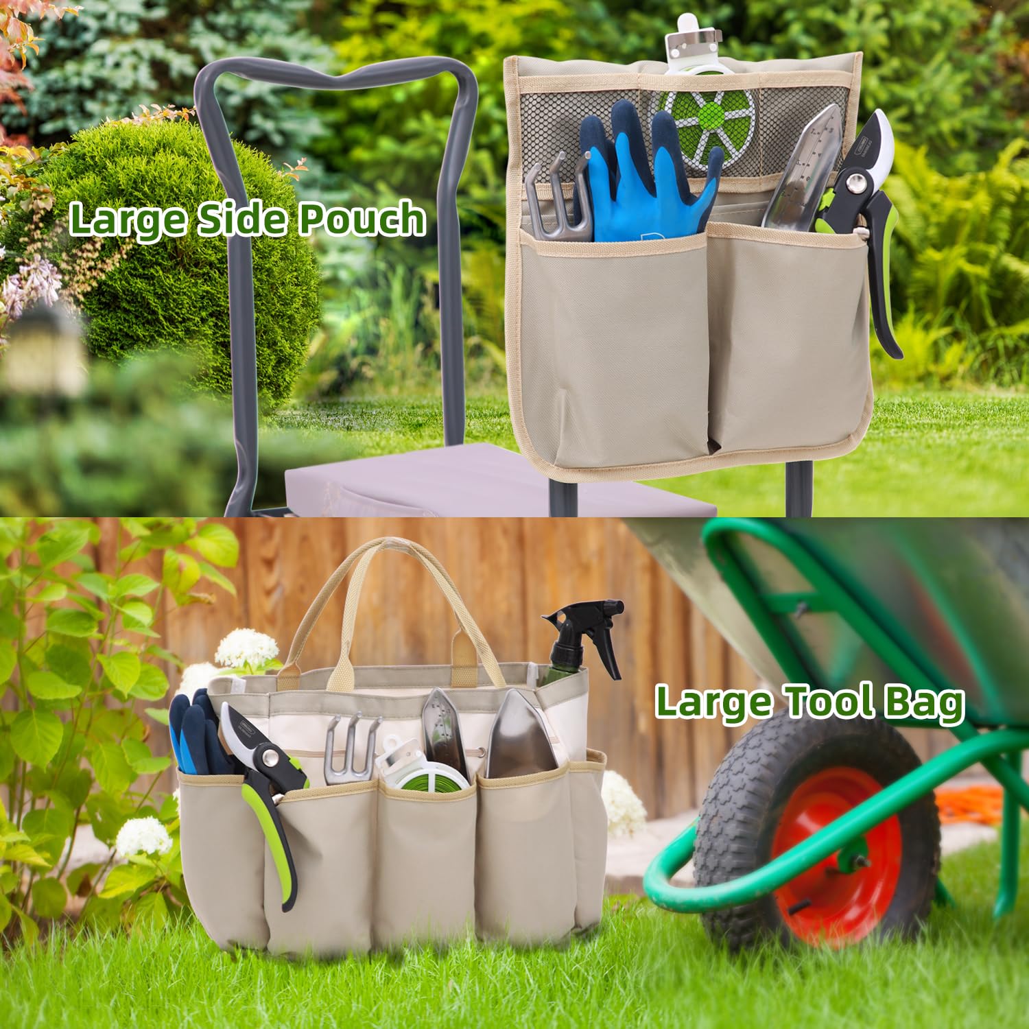 Ohuhu Agenouilloir et siège de jardin 2 en 1 pliable avec coussin doux amovible, banc de jardin robuste avec grand sac à outils et pochette, cadeau pour femmes, hommes, personnes âgées