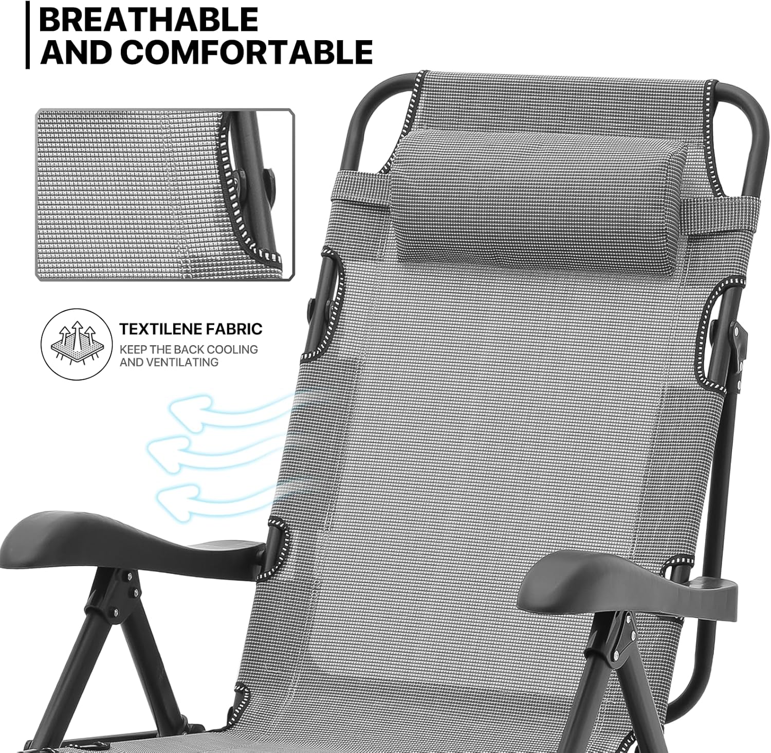 MoNiBloom Patio Lounge Chair Outdoor Reclining Portable Folding Lawn Chair with Additional Support Bar and Adjustable Footrest for Poolside Backyard Beach, Gray
