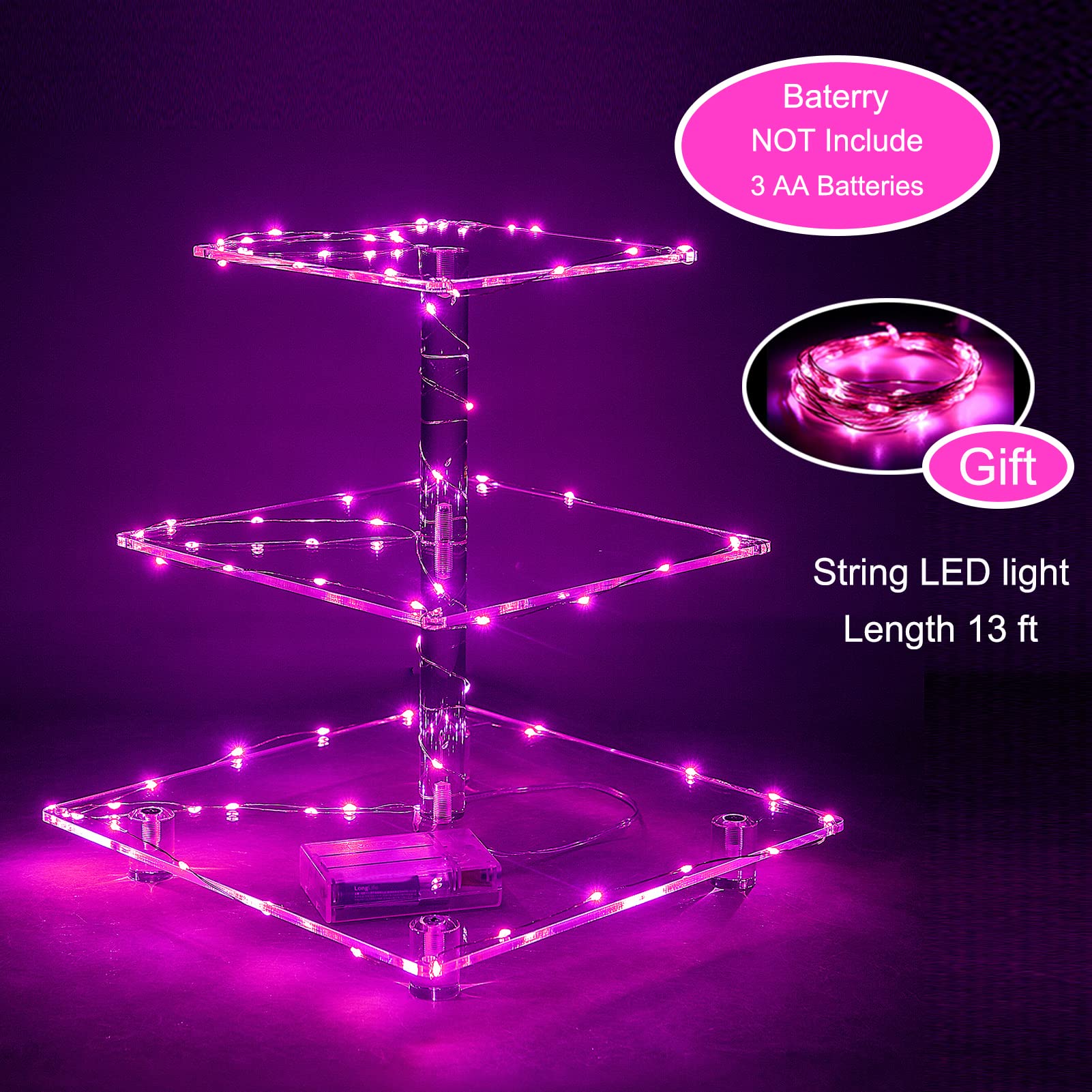 Soporte para cupcakes, soporte para cupcakes de 3 niveles con cuerda de luz LED, torre de acrílico para cupcakes, torre de postre, soporte de pastelería, soporte de nivel para cupcakes para