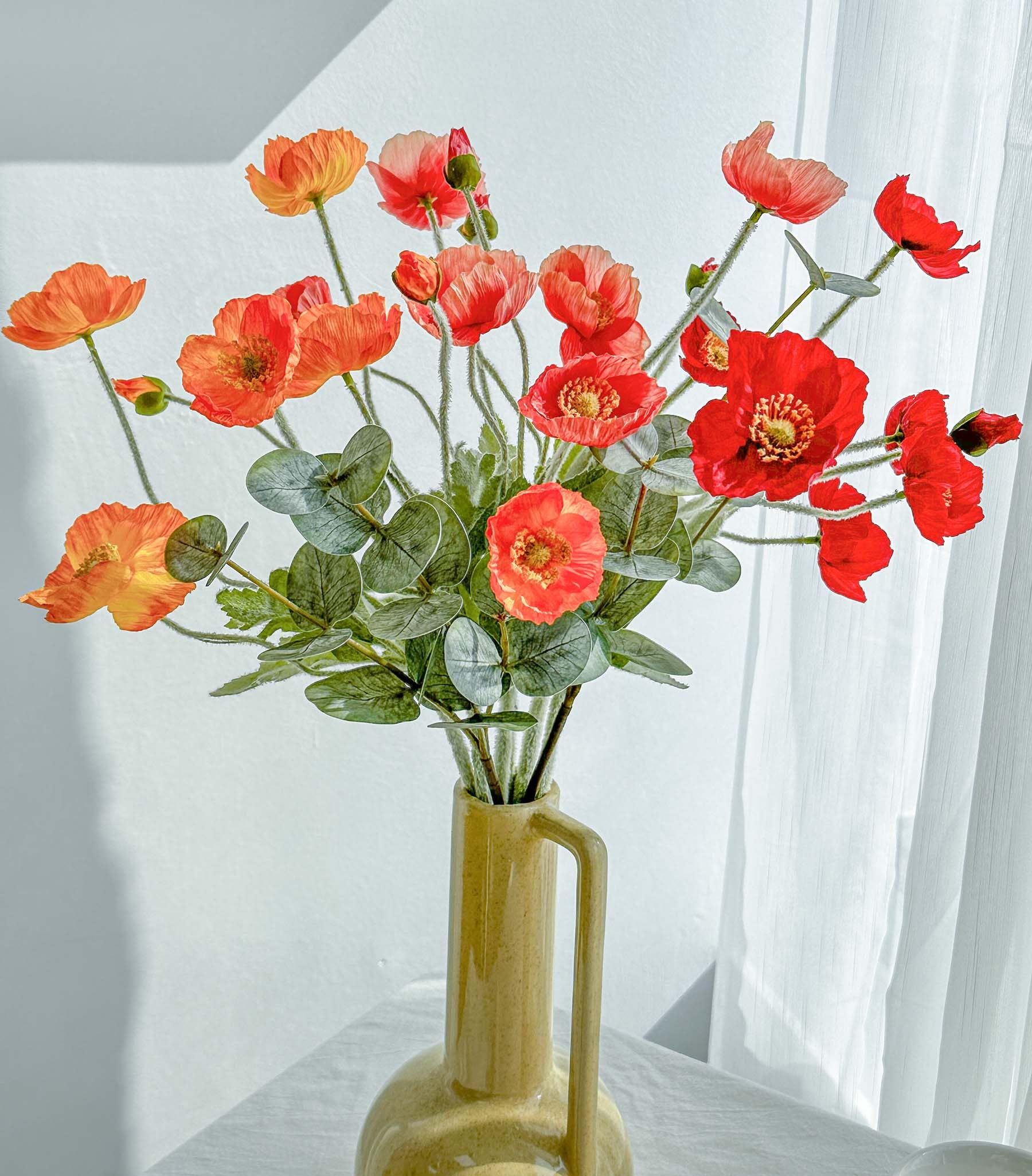 QenyiHPD Artificial Flowers of Poppies and Eucalyptus Stems, Red and Orange Flowers Artificial for Vase, Silk Flowers Arrangement for Wedding Party
