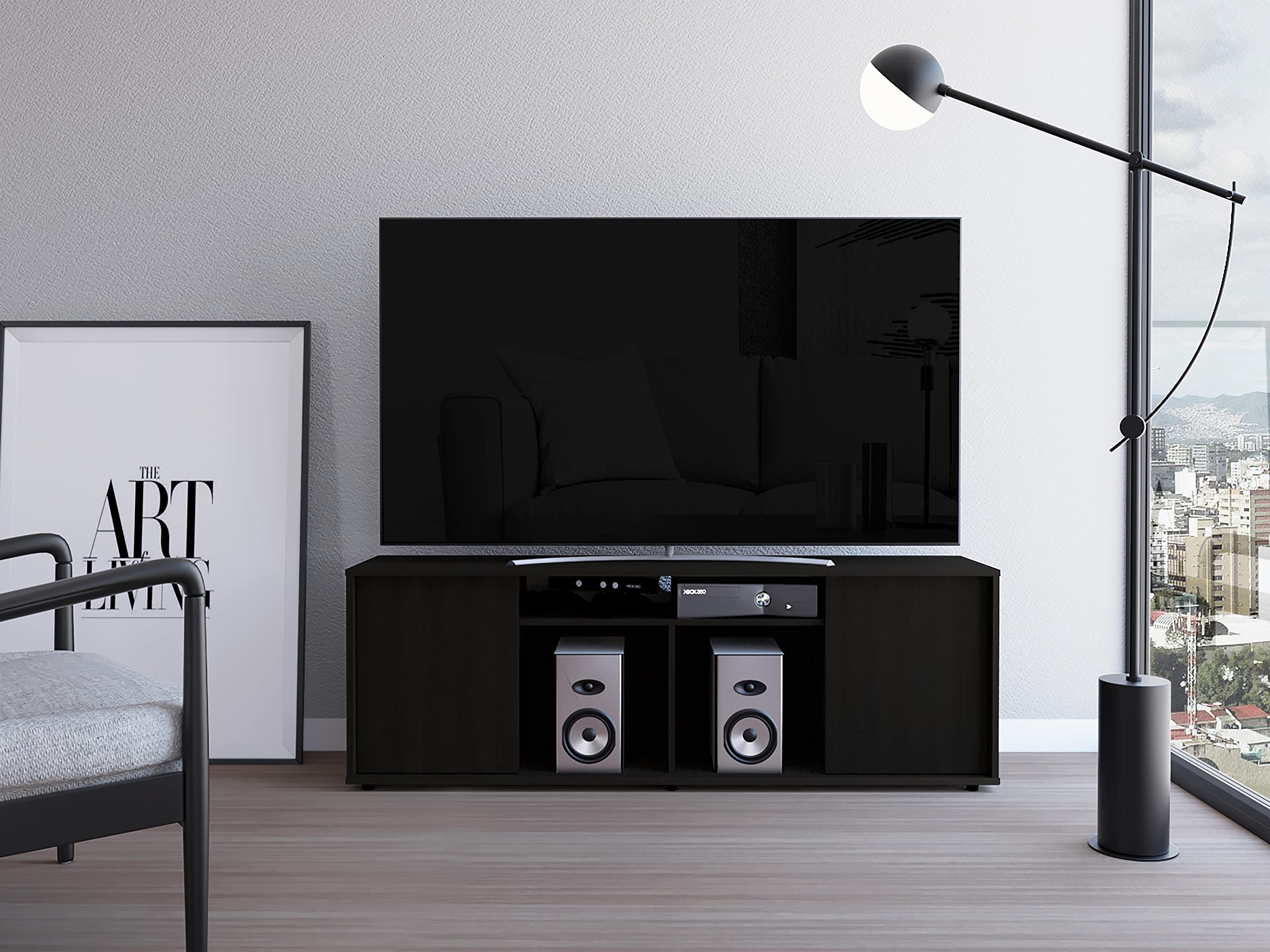 Dallas Tv Stand, Two Cabinets with One Door, Four Shelves, Countertop, Black, for Living Room