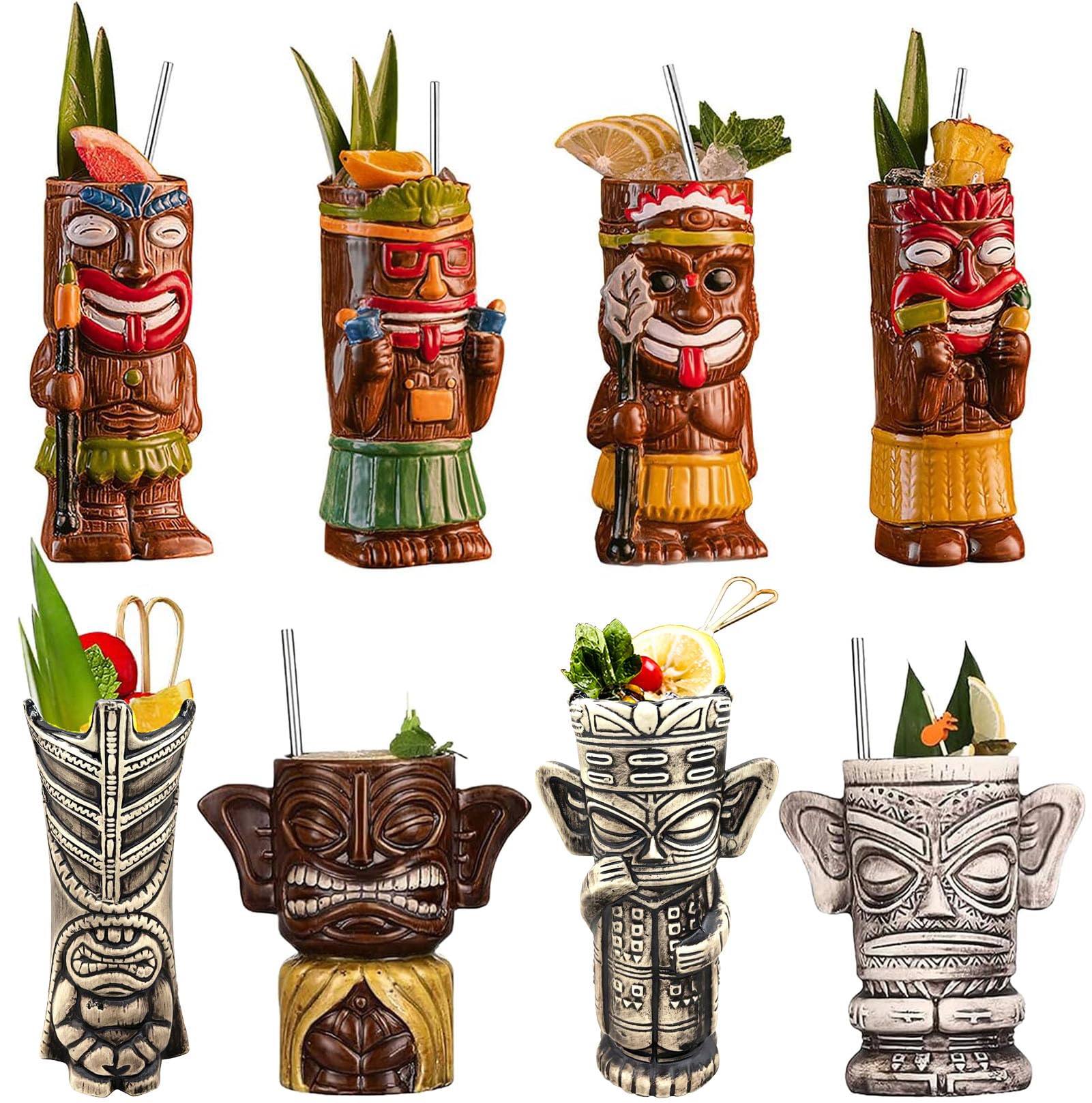 Vinbcorw Heldere Tiki-glazen set van 4, moderne bar Tiki-cocktailglazen, perfect voor exotische cocktails, Hawaiiaanse stijlcocktails, tropisch eiland drinkgereiset,A9