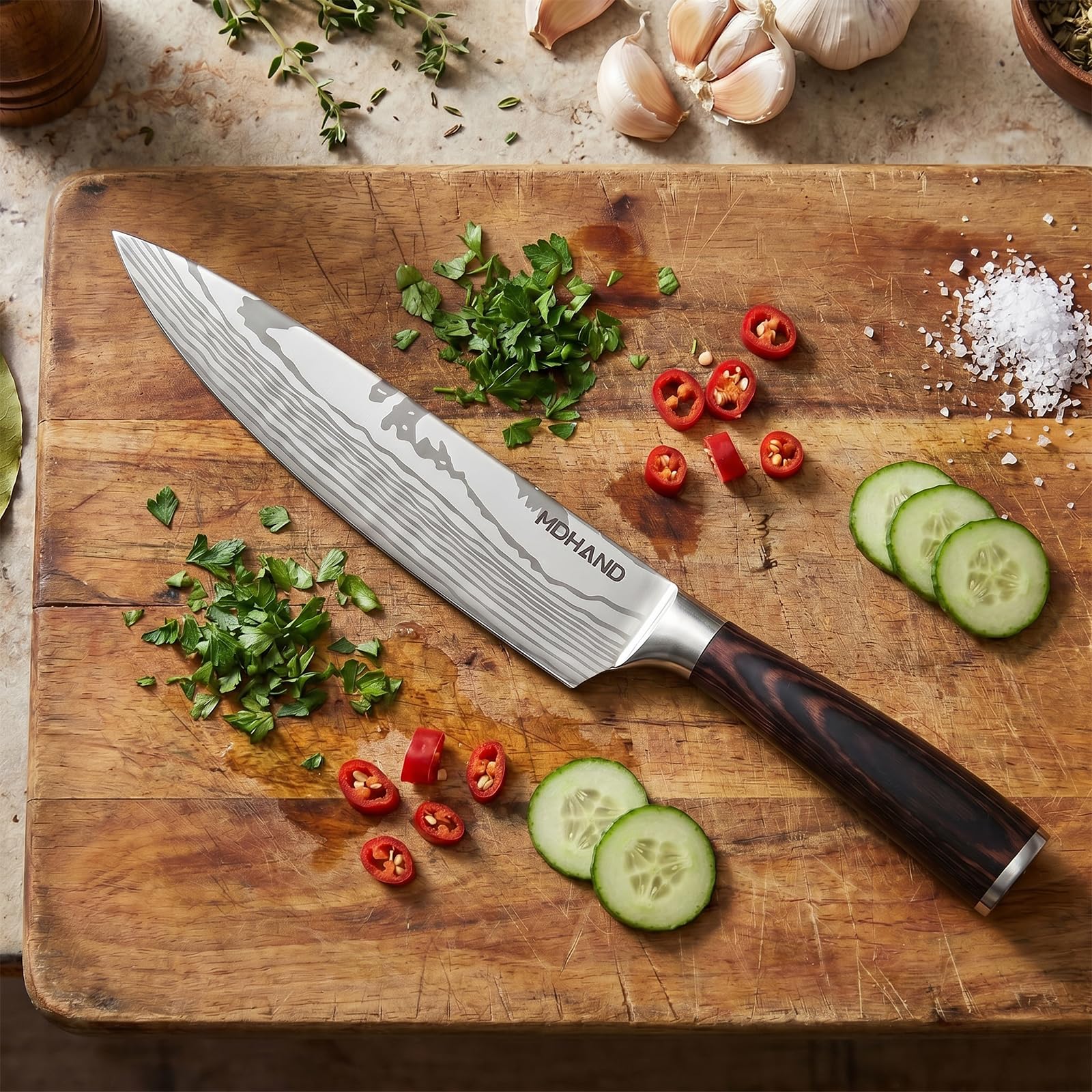 MDHAND Coltello da Cucina Coltello da Chef da 20 cm Coltello Professionale in Acciaio Inossidabile ad Alto Tenore di Carbonio Lama Extra Affilata, Coltello Multiuso