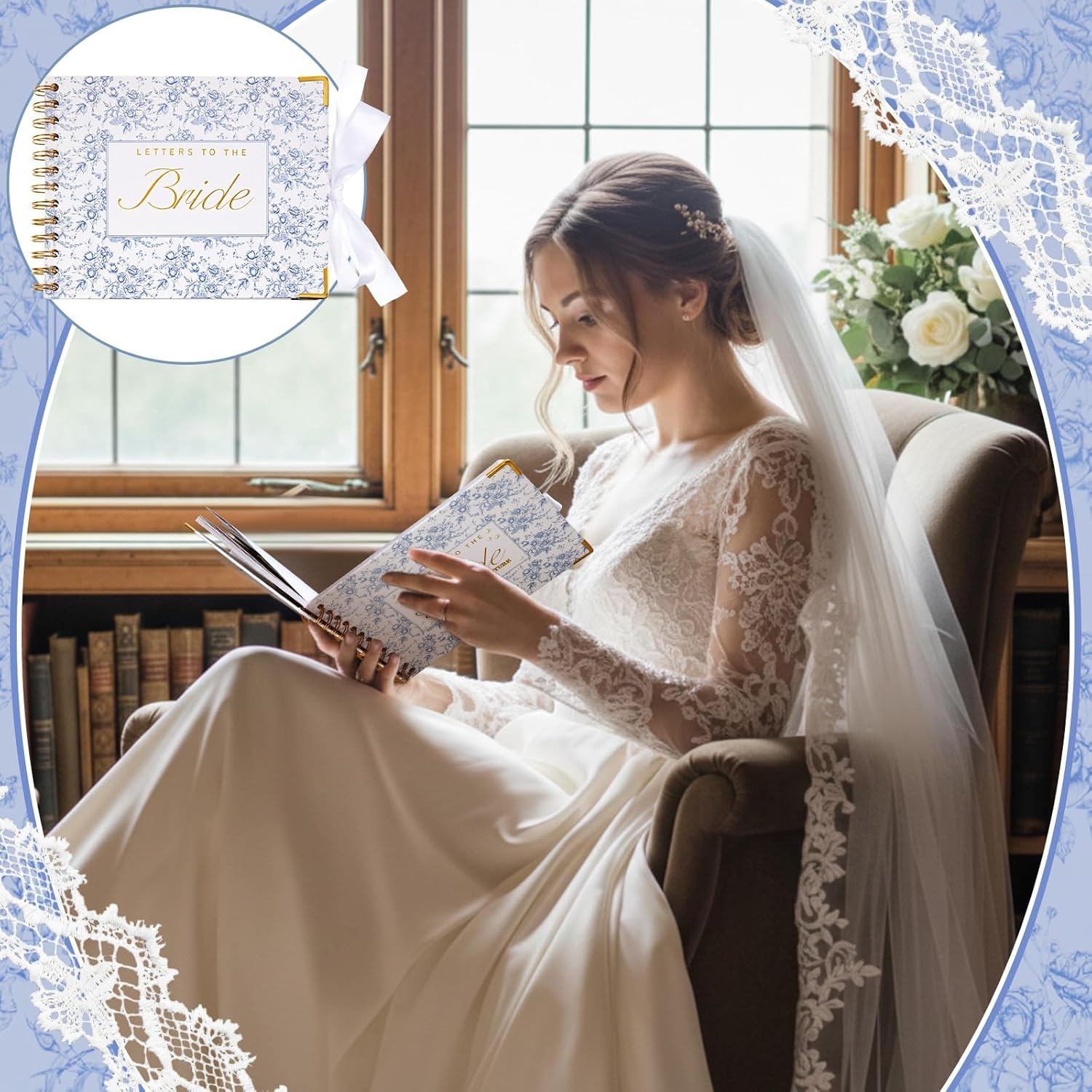 Wedding Guest Book Letters to The Bride Scrapbook Wedding Memory Book Bridal DIY Blank Paper Scrapbook Photo Album Guest Sign with Pearl Stickers(8.5 x 7 Inch,Floral,Blue) - Image 5