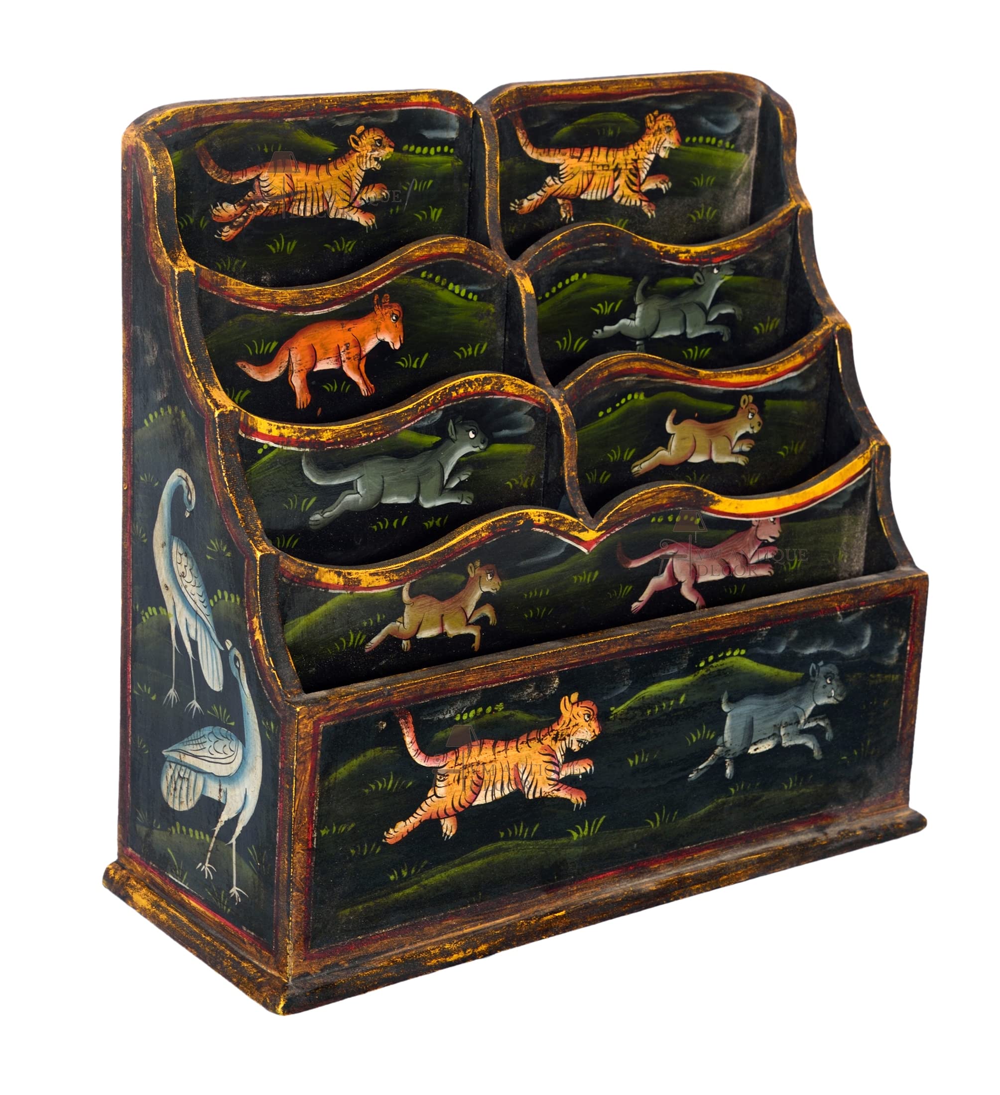 Hand-Painted Wooden Desk Organizer Letter Box Stand –Old Look Indian Wildlife Motif Storage Rack Tiger & Animal Artwork Wooden Letter Holder-image-24