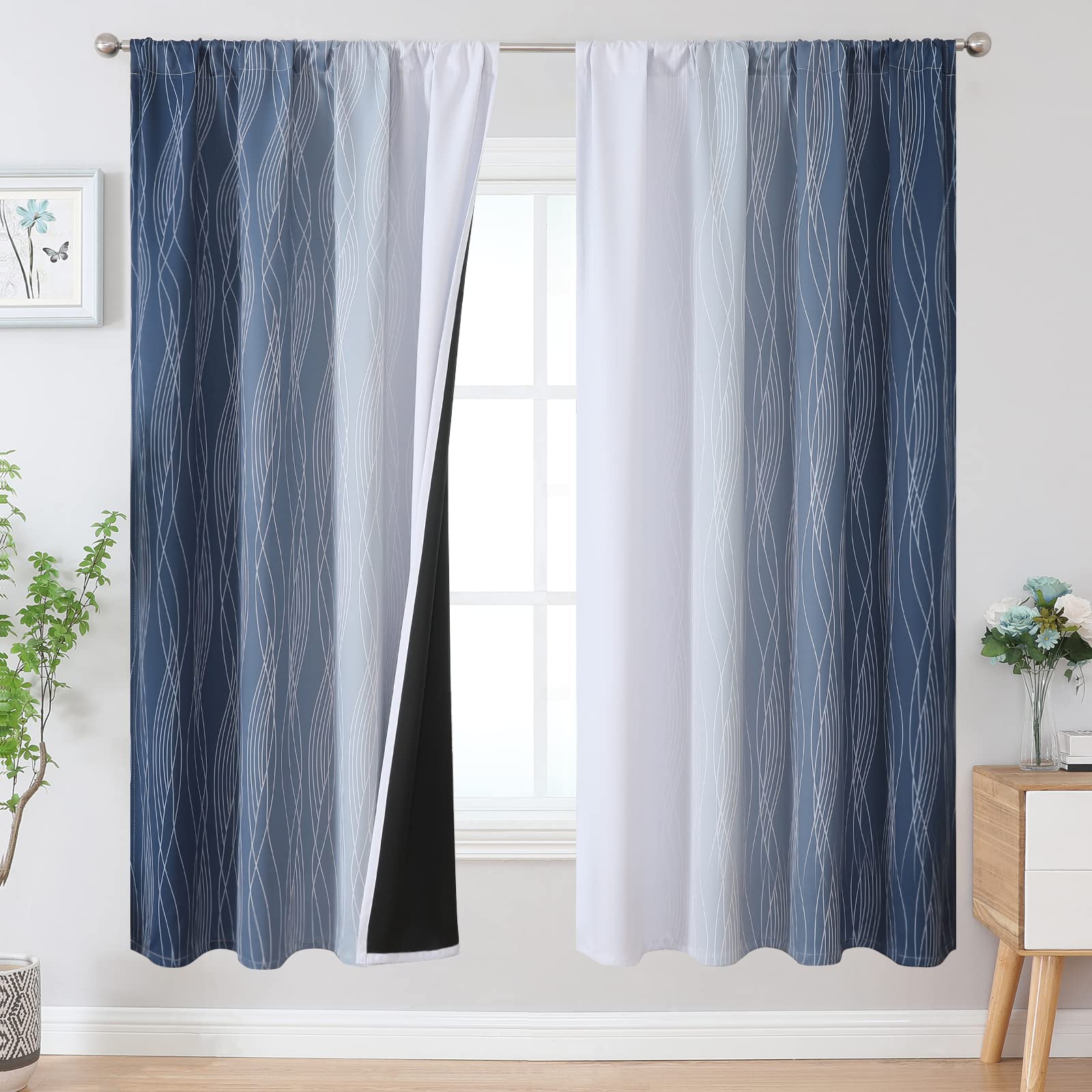 Estelar Textiler Rod Pocket Navy Blue and White Blackout Curtains for Bedroom, Full Light Blocking Window Curtains for Living Room, Thermal Insulated Room Darkening Drapes,52x72 Inch, 2 Panels