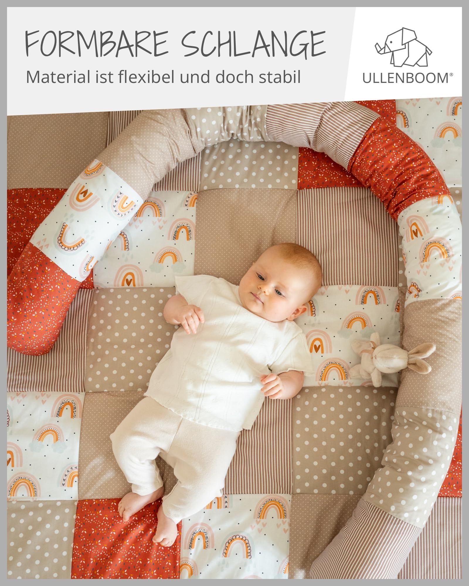 ULLENBOOM ® Baby Kuschelschlange 400x13 cm Regenbogen (Made in EU) - Kuschelschnecke in vielen Farben und Größen, Bezug: 100% OEKO-TEX Baumwolle, Nackenrolle