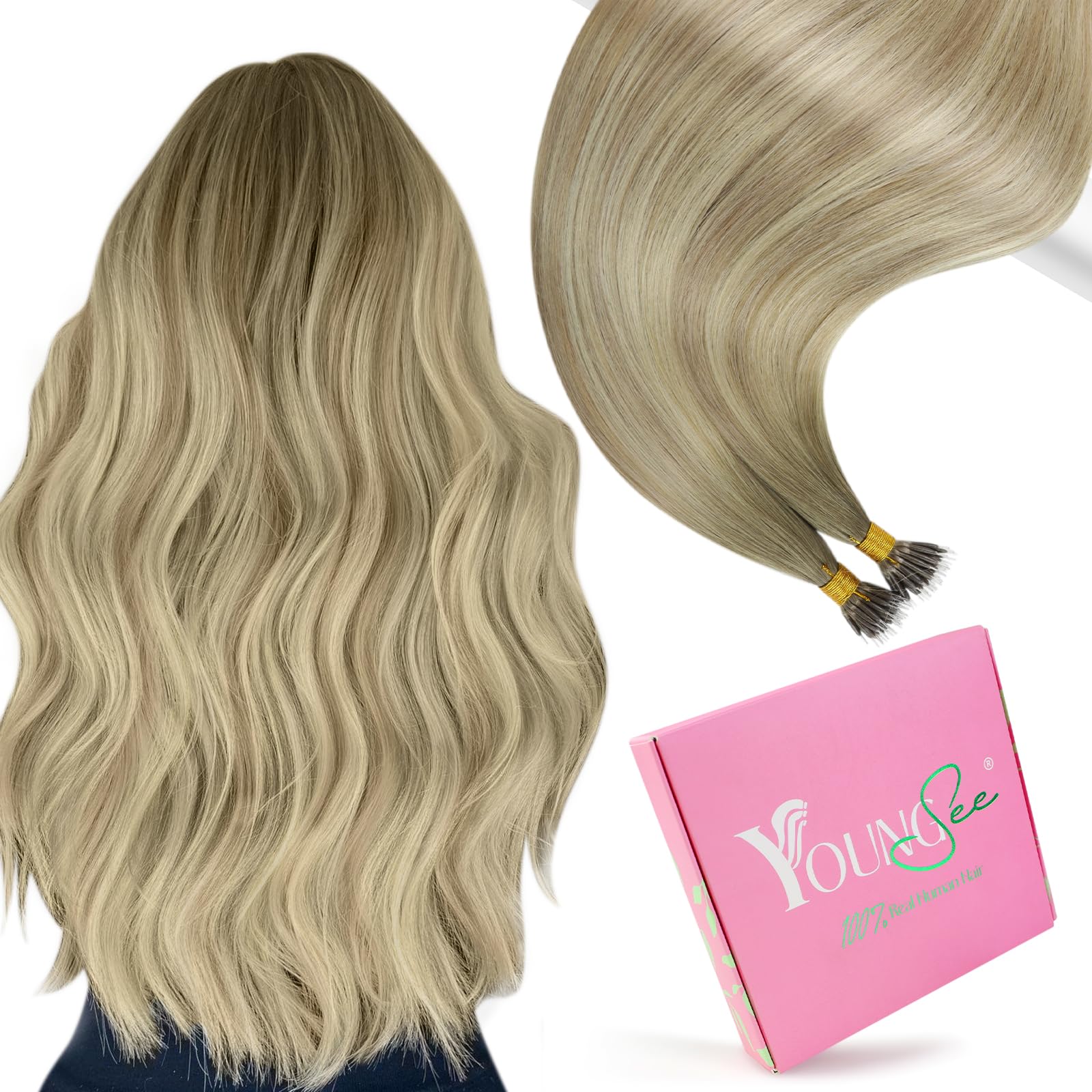 YoungSee Nanoring Extensions Echthaar Blond Nanoring Extensions Aschblond mit Platinblond Nano Ring Hair Extension 35cm Nano Ringe Haare Remy Echthaar Haarverlängerung Nano Loop Balayage 50g #SUN