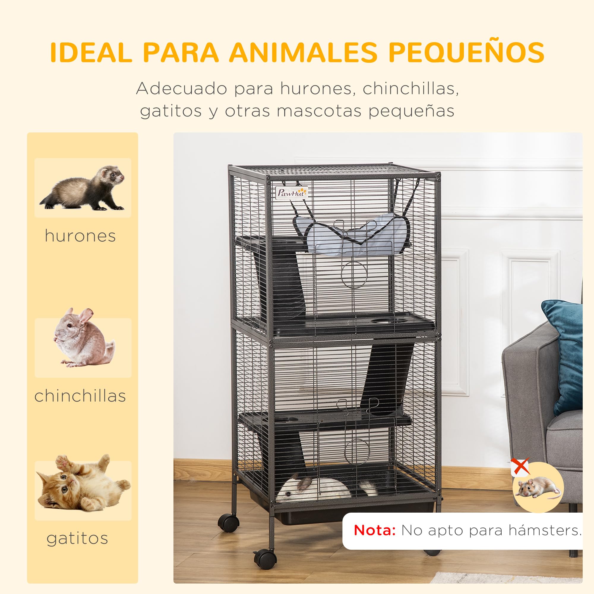 PawHut Jaula para Animales Pequeños de 4 Niveles Jaula para Roedores con Ruedas 2 Puertas 3 Rampas Hamaca Colgante y Bandeja Extraíble para Chinchillas 52x52x113,5 cm Gris Plateado