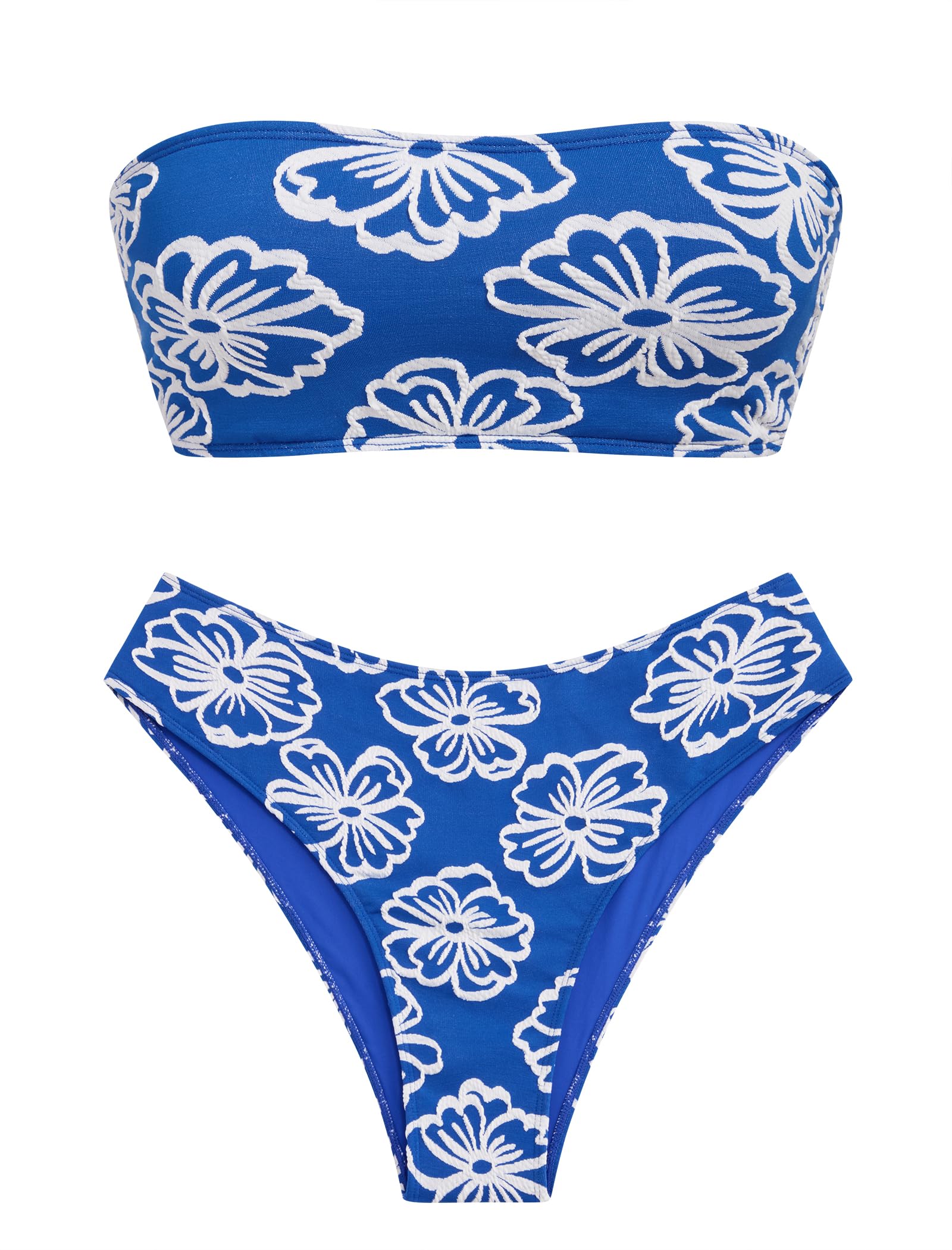 ZAFUL Women's High Cut Bandeau Bikini Set Strapless 2 Pieces Bathing Suit | Solid Color Swimsuit High-waisted Bikini Set