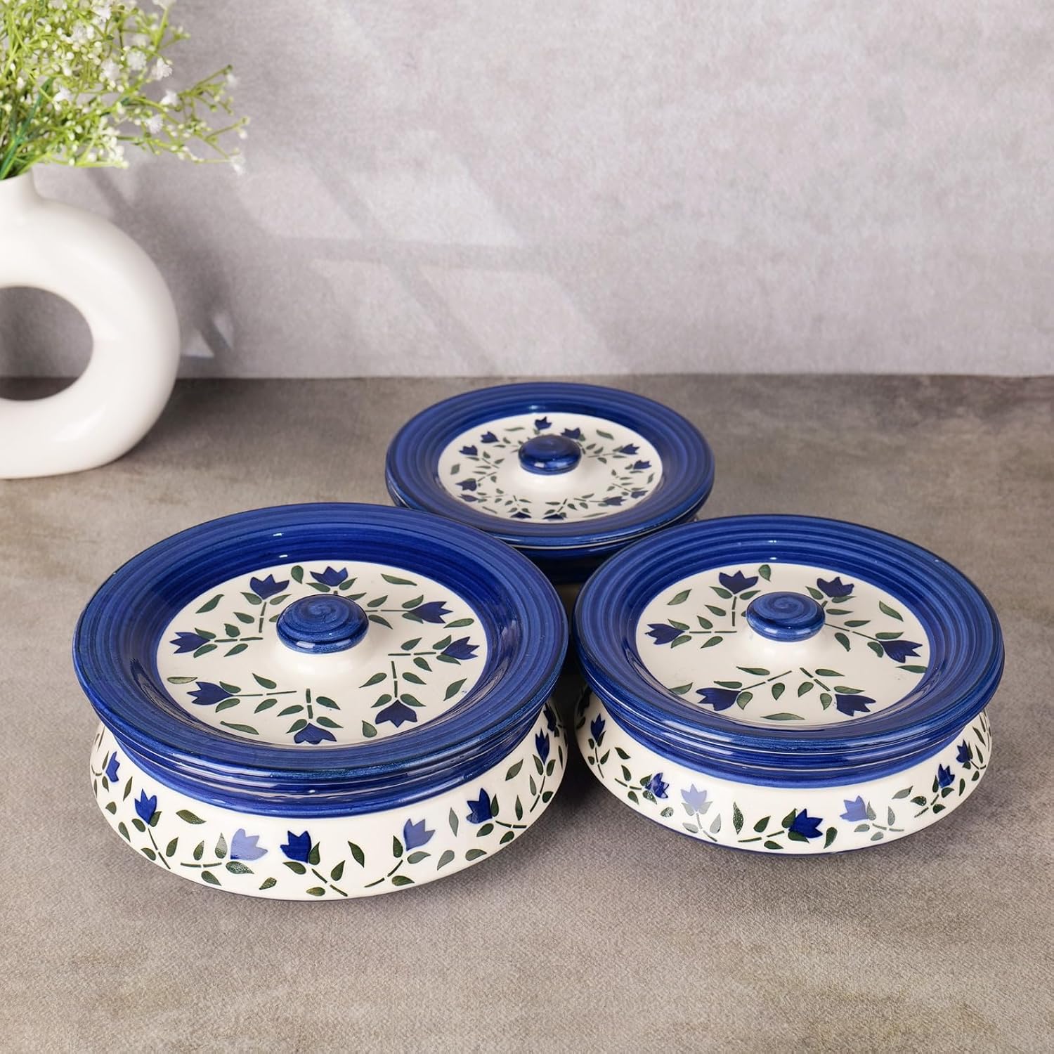 Niyara Premium Ceramic Casserole/Donga Set with Lids – Handcrafted Serving Bowls for Hot Food, Microwave & Dishwasher Safe – Set of 3, Sizes: 1000ML, 650ML, 550ML (Blue leaf design) Niyara Premium Ceramic Casserole/Donga Set with Lids – Handcrafted Serving Bowls for Hot Food, Microwave & Dishwasher Safe – Set of 3, Sizes: 1000ML, 650ML, 550ML (Blue leaf design)