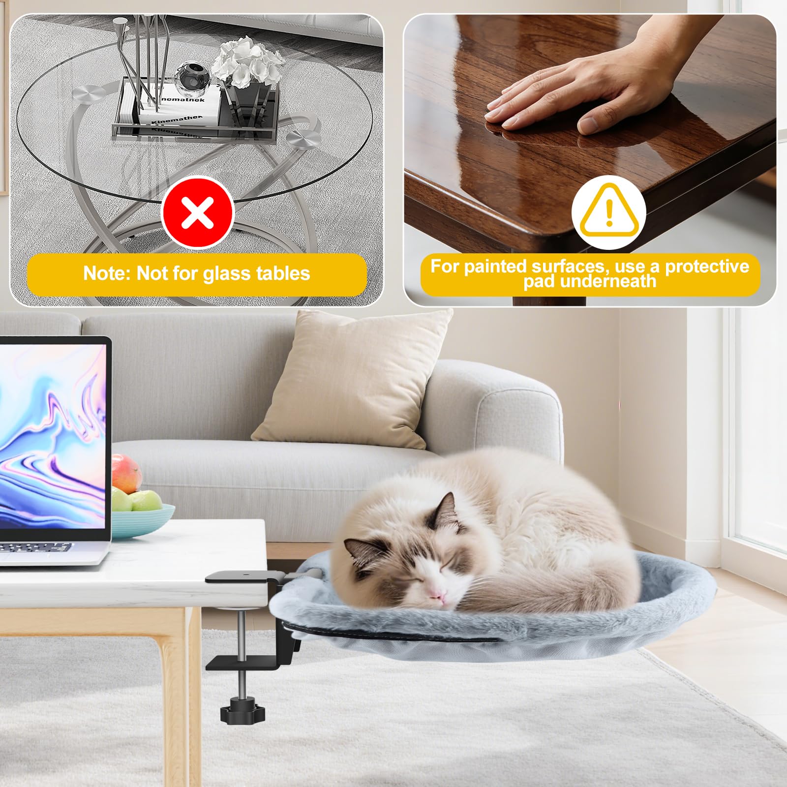 Lit de Bureau pour Chat Demi-Circulaire Supporte 15kg Gris Hamac | Fausse Fourrure de Lapin Douce, Pliable & Gain de Place, Amovible Lavable en Machine, Pour Plateaux 2-8cm d’Épaisseur,